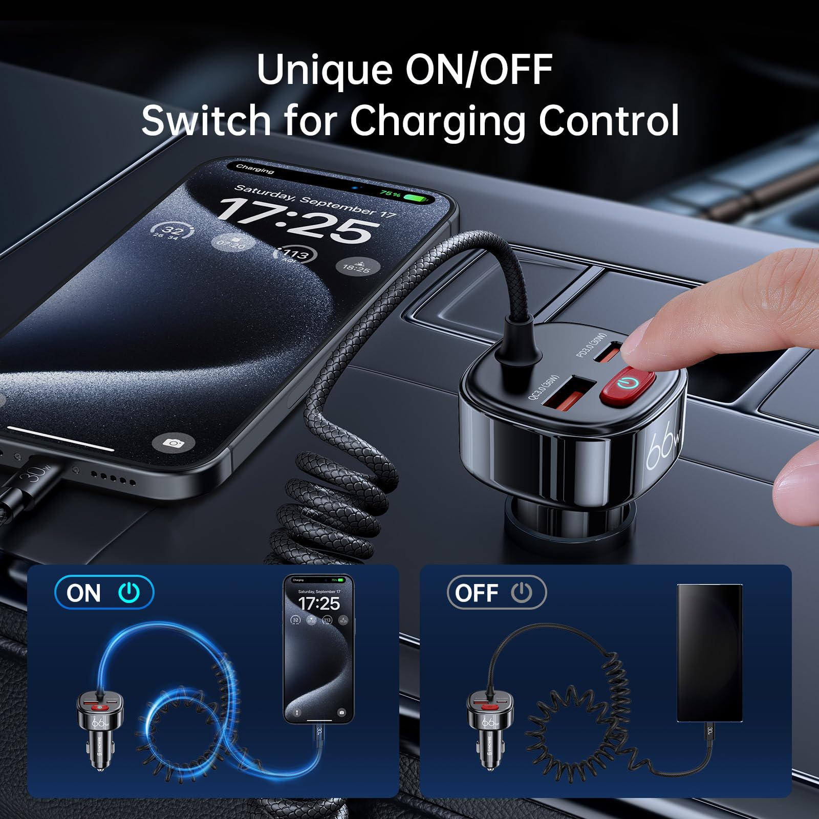 Syncwire 66W Super Fast USB C Car Charger with PD & QC 3.0 - 6FT Coiled Type C Cable - Compatible with iPhone 16/15 Series, Samsung Galaxy, Google Pixel, iPad Pro - Safe Battery Leakage Prevention - Perfect for Road Trips & Long Commutes