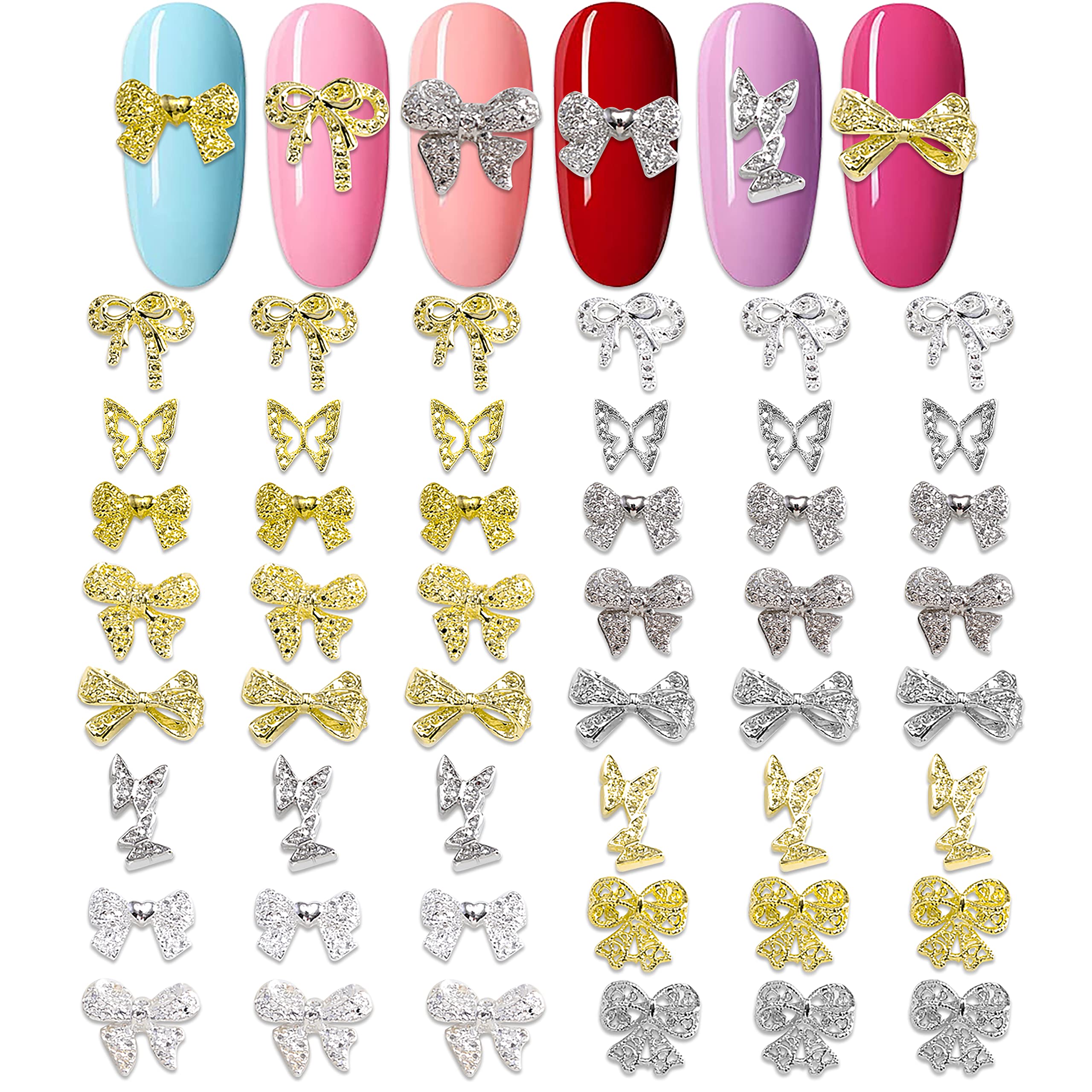 48Pcs 3D Butterfly Bow Nail Charms - Gold & Silver Nail Art Decorations for Acrylic Nails, Manicure, DIY Nail Designs - Perfect for Parties, Weddings, and Special Occasions