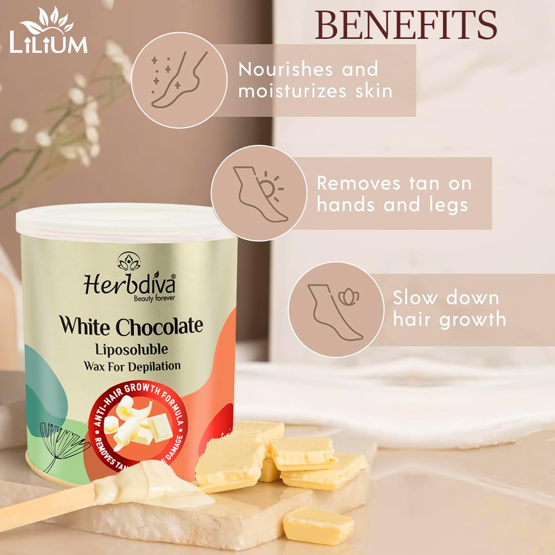 Herbdiva White Chocolate Milky Wax 800g | Hydrosoluble Hair Removal Wax for Smooth Skin | Enriched with Cocoa Butter & Shea Butter | Professional Salon & Home Use | Ideal for Legs, Arms, Bikini & Facial Hair Removal
