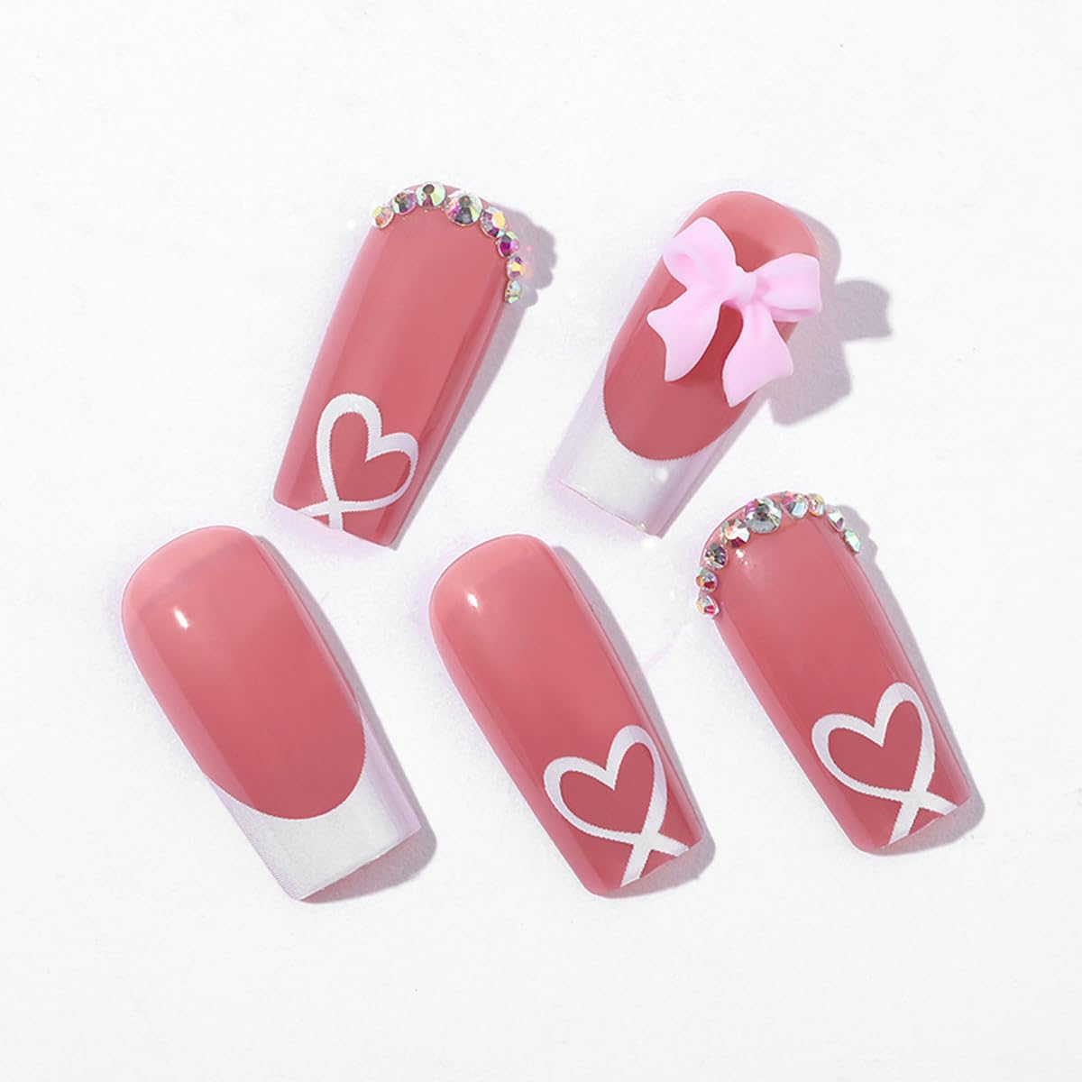French Tip Press on Nails with Charms - Medium Fake Nails White French Manicure | Cute Bow & Heart Rhinestone Designs | Long Square Acrylic Stick on Nails for Women | Perfect for Daily Wear, Parties & Special Occasions