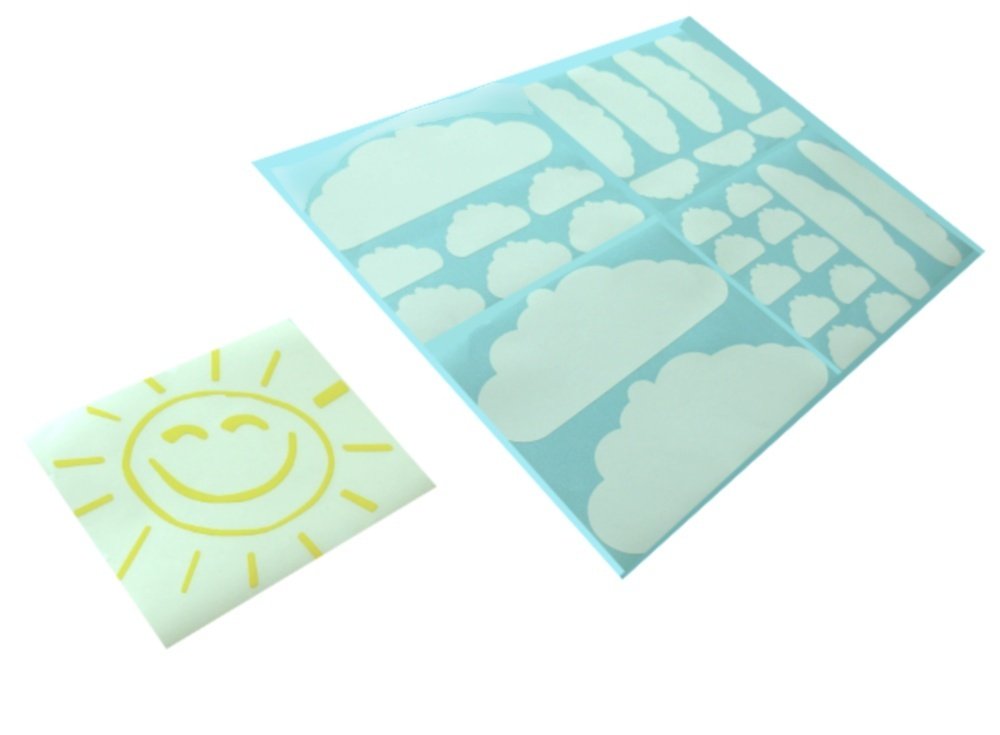 Big Fluffy Clouds with Smiley Sun Nursery Wall Decal Kit - Glow in the Dark Switch Plate Sticker Included | Perfect for Baby Room Decor & Kids Bedroom Wall Art