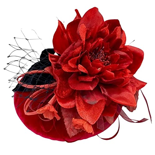 Elegant Red Velvet Dahlia Fascinator Hat for Women | Tea Party, Wedding, Derby & British Style Headpiece with Veil | Perfect for Formal Events, Bridal Showers & Royal-Themed Occasions