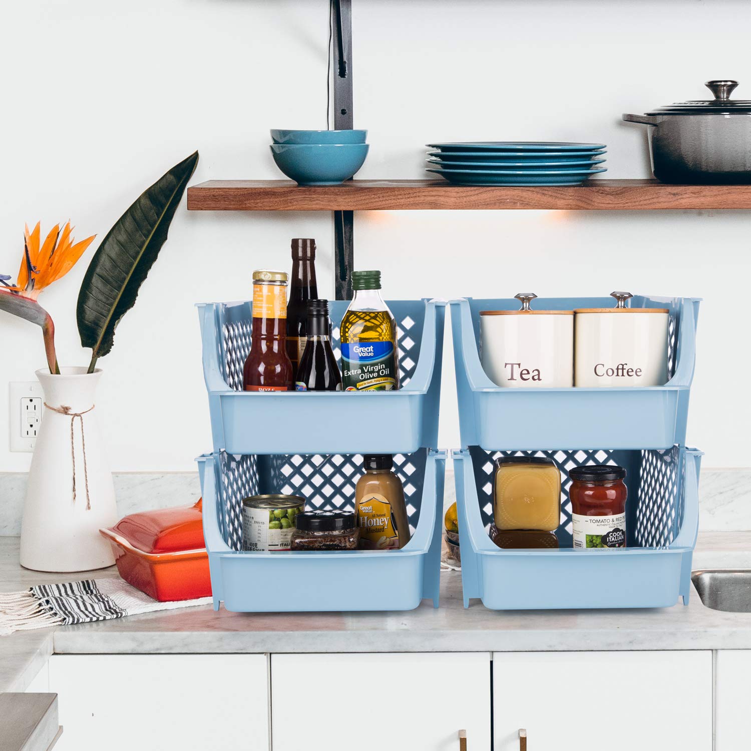4-Piece Stackable Plastic Storage Baskets - Organizer Bin for Food, Snacks, Toys & Toiletries - Space-Saving Home & Kitchen Organization Solution (Blue) - Perfect for Pantry, Bathroom, Kids Room & Office Use