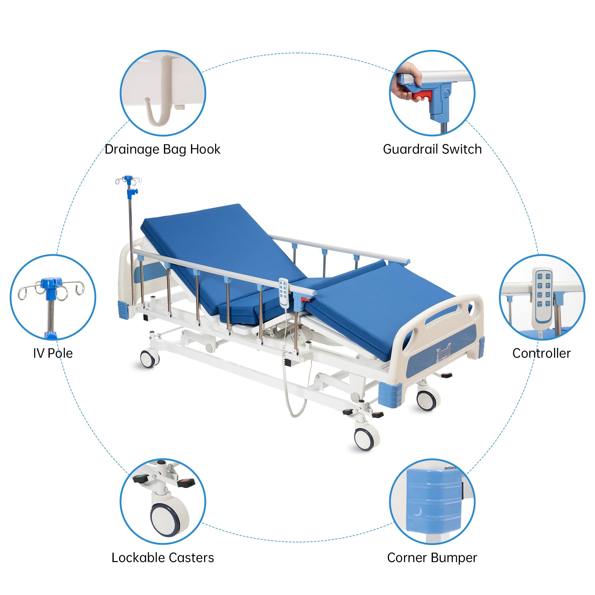 Electric Adjustable Hospital Bed with 3 Functions, 5-Inch Locking Casters - 530LBS Weight Capacity, Includes IV Pole, Bed Tray & Mattress - Ideal for Home Care, Patient Recovery & Medical Facilities
