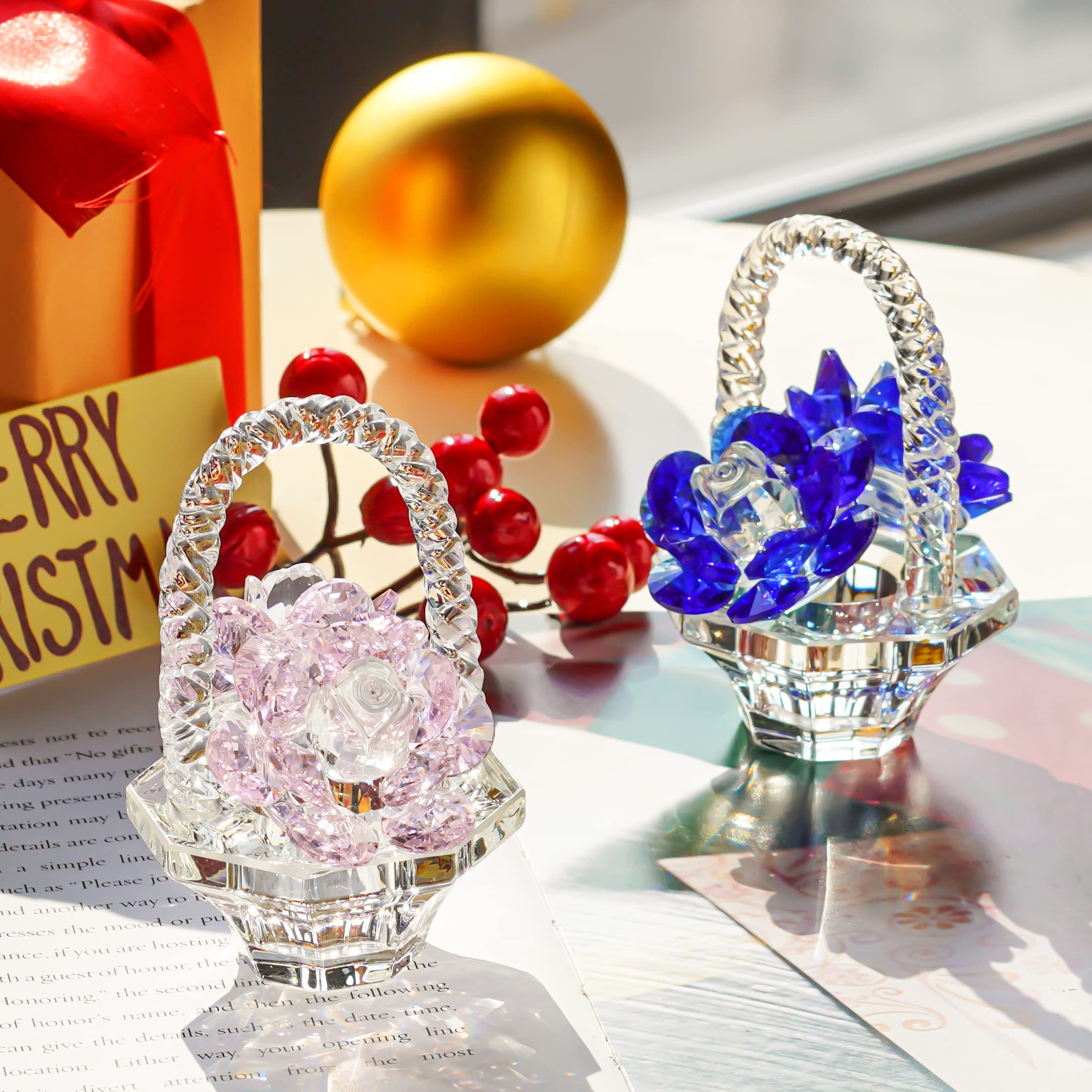 H&D HYALINE & DORA Blue Crystal Glass Rose Flower Gift Set - Perfect for Valentine's Day, Mother's Day, Christmas, Anniversary & Birthday Presents - Elegant Home Decor & Romantic Gift Idea