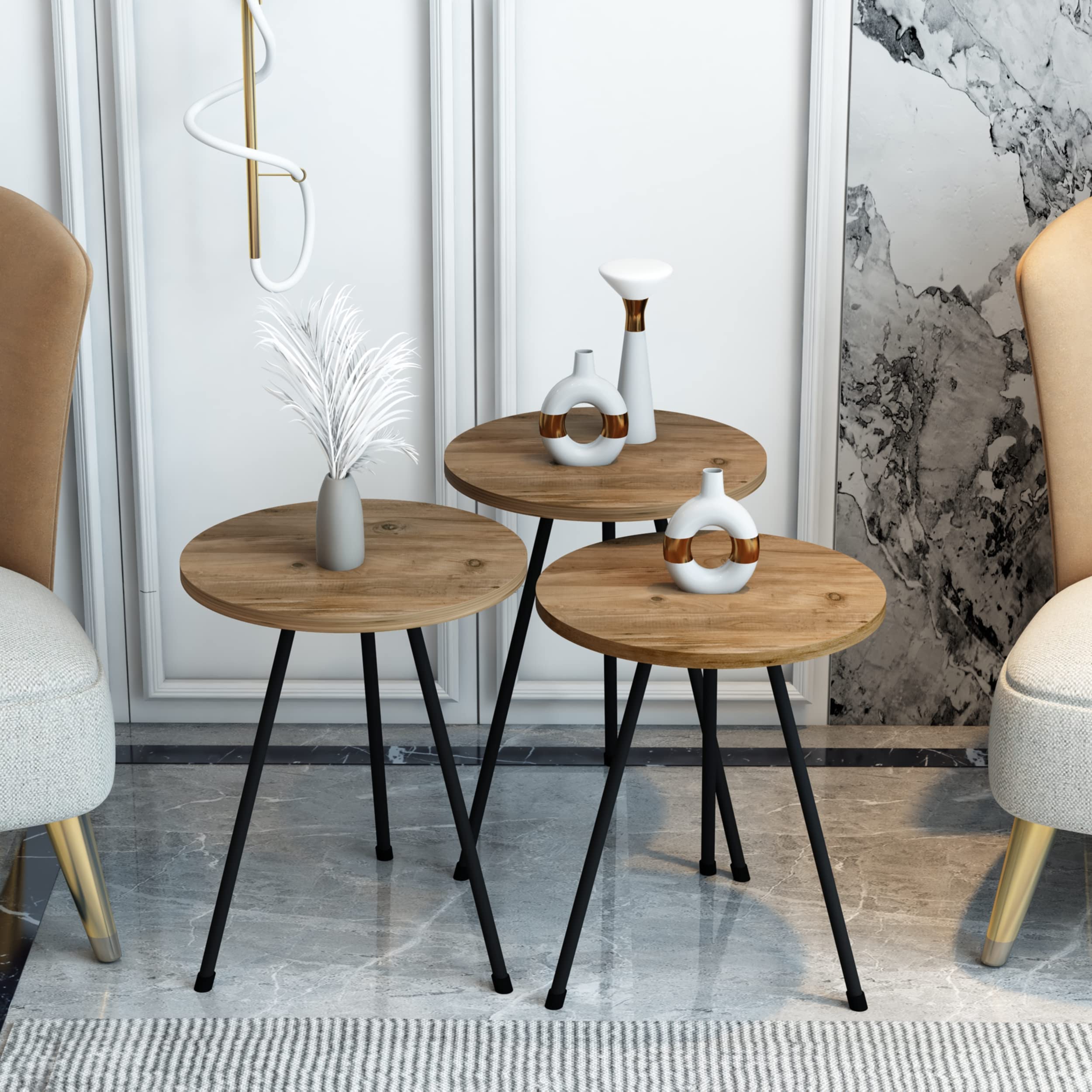 4 Piece Living Room Table Set - 1 Coffee Table & 3 Nesting Tables, Easy No-Tools Assembly, Solid Pinewood, Ellipse Coffee Table with Round Side Tables - Perfect for Small Spaces, Living Room Decor & Coffee Table Organization