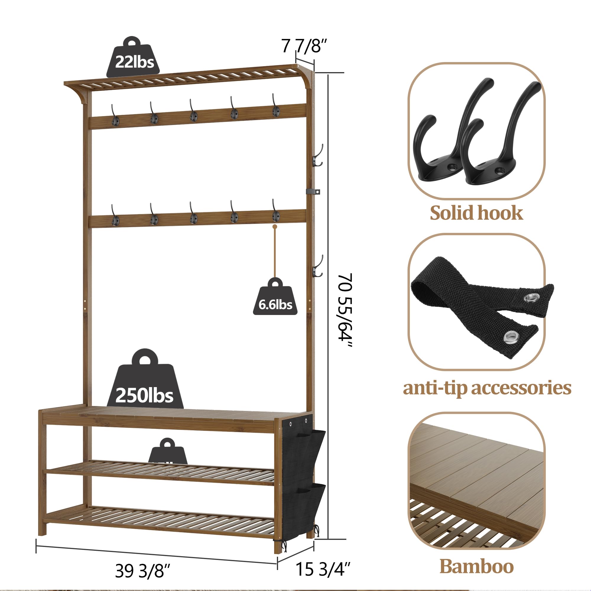 AMBIRD 6-in-1 Hall Tree with Bench, Shoe Storage & Coat Rack - Sturdy Bamboo Entryway Organizer with 14 Hooks & Cloth Bag, Large Size (39