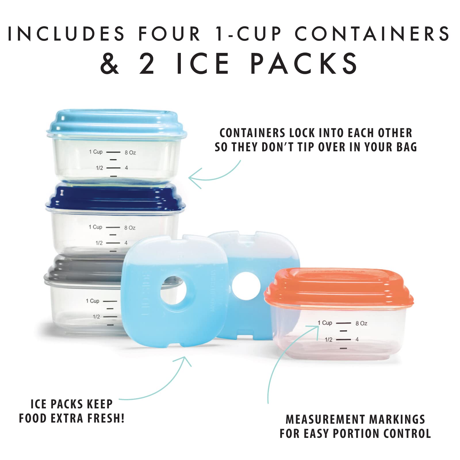 Fit & Fresh 8 oz Small Plastic Food Storage Containers with Lids - 4 Pack Leakproof Reusable Snack Containers for Salads, Dressings & Condiments - Includes 2 Attachable Ice Packs for Lunch Box & Meal Prep