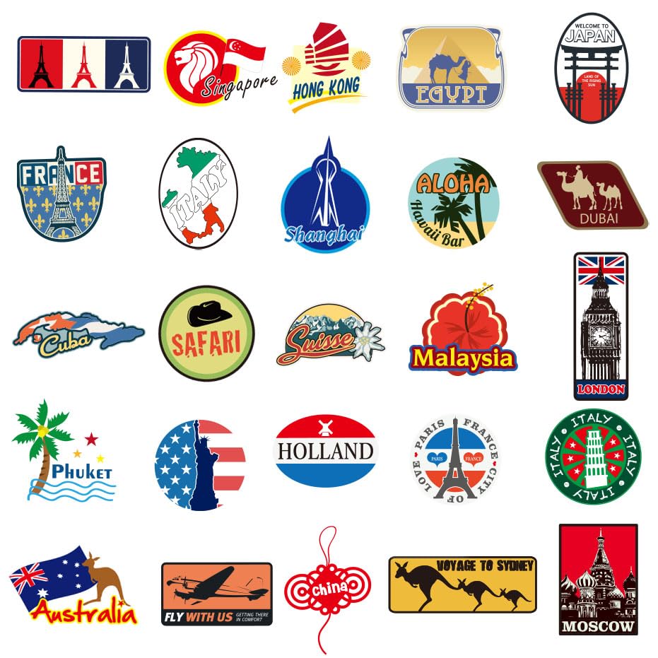 100 Travel Maps Stickers - World Famous Landmarks & Country City Logo Decals for Suitcase, Laptop, Skateboard, Bicycle & Scrapbook - Perfect for Travel Enthusiasts, DIY Projects & Personalizing Your Belongings