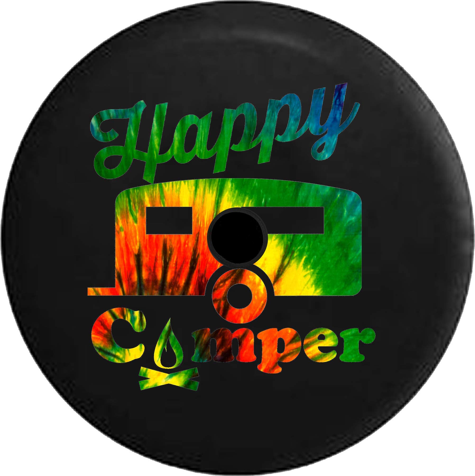 JL Spare Tire Cover for Jeep & SUVs - Happy Camper Campfire Tie-Dye Design with Peace & Love Motif - 33 Inch Black with Backup Camera Hole - Perfect for Off-Road Adventures & Camping Trips