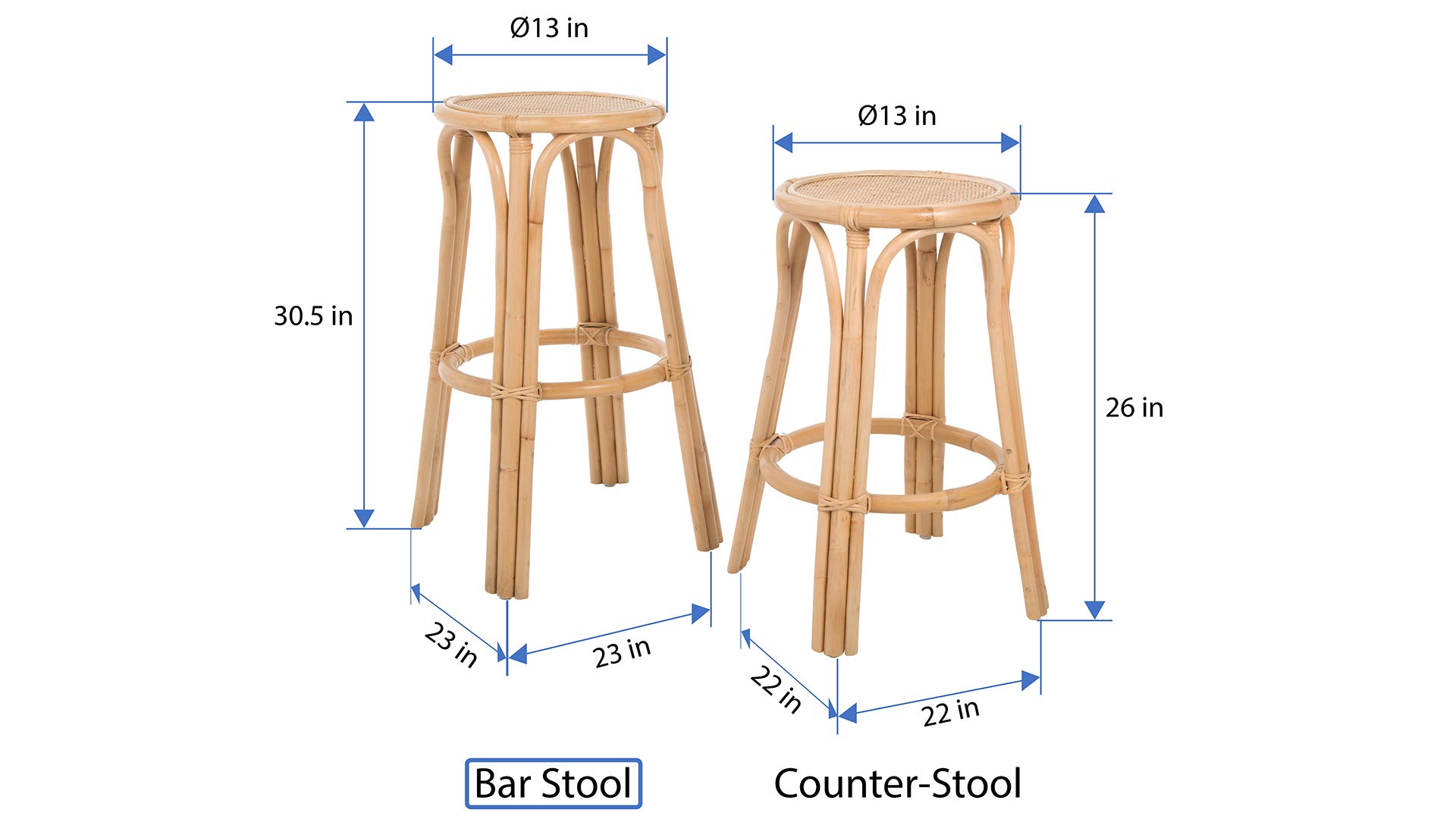 Natural Rattan Backless Bar Stool - Light Brown Kitchen Counter Stool with Lattice Design (1110189) - Perfect for Breakfast Nooks, Kitchen Islands & Outdoor Dining Areas