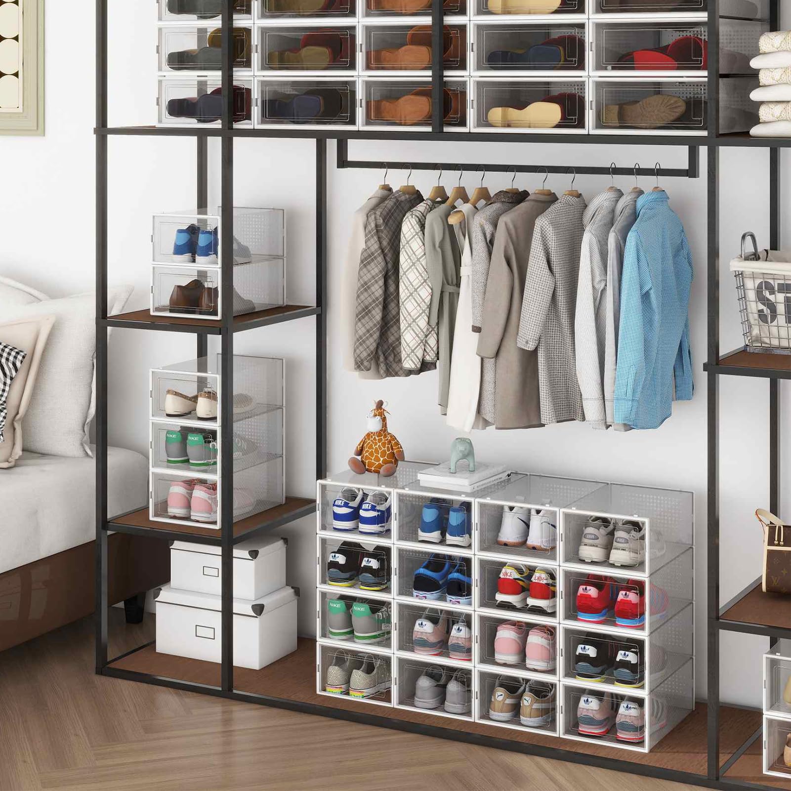 PARANTA 8-Piece Boot Storage Box & 12-Piece Shoe Organizer - Stackable Clear Plastic Shoe Box with Transparent Door for Closet, Entryway, and Bedroom Organization