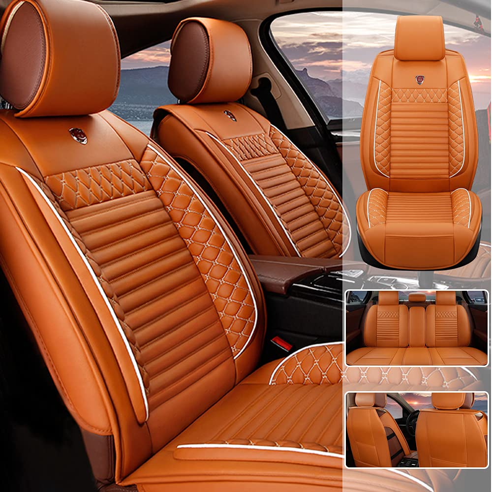Premium Universal Leather Car Seat Covers Full Set - Luxury Diamond Stitching Design for Cars, SUVs & Trucks | Comfortable & Durable Auto Interior Accessories | Perfect for Road Trips, Commuting & Family Travel (Orange)