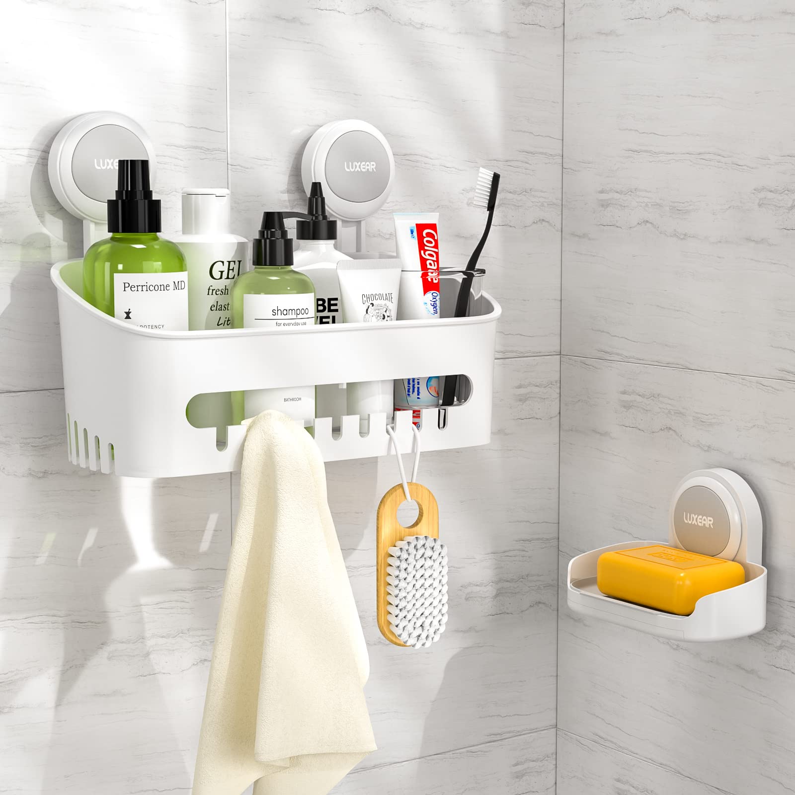 LUXEAR Shower Caddy Suction Cup Set - No Drill Bathroom Organizer with Shower Shelf Basket & Soap Dish Holder - Waterproof, Removable & Easy Installation - 2 Pack - Perfect for Small Bathrooms, Apartments & Dorm Showers