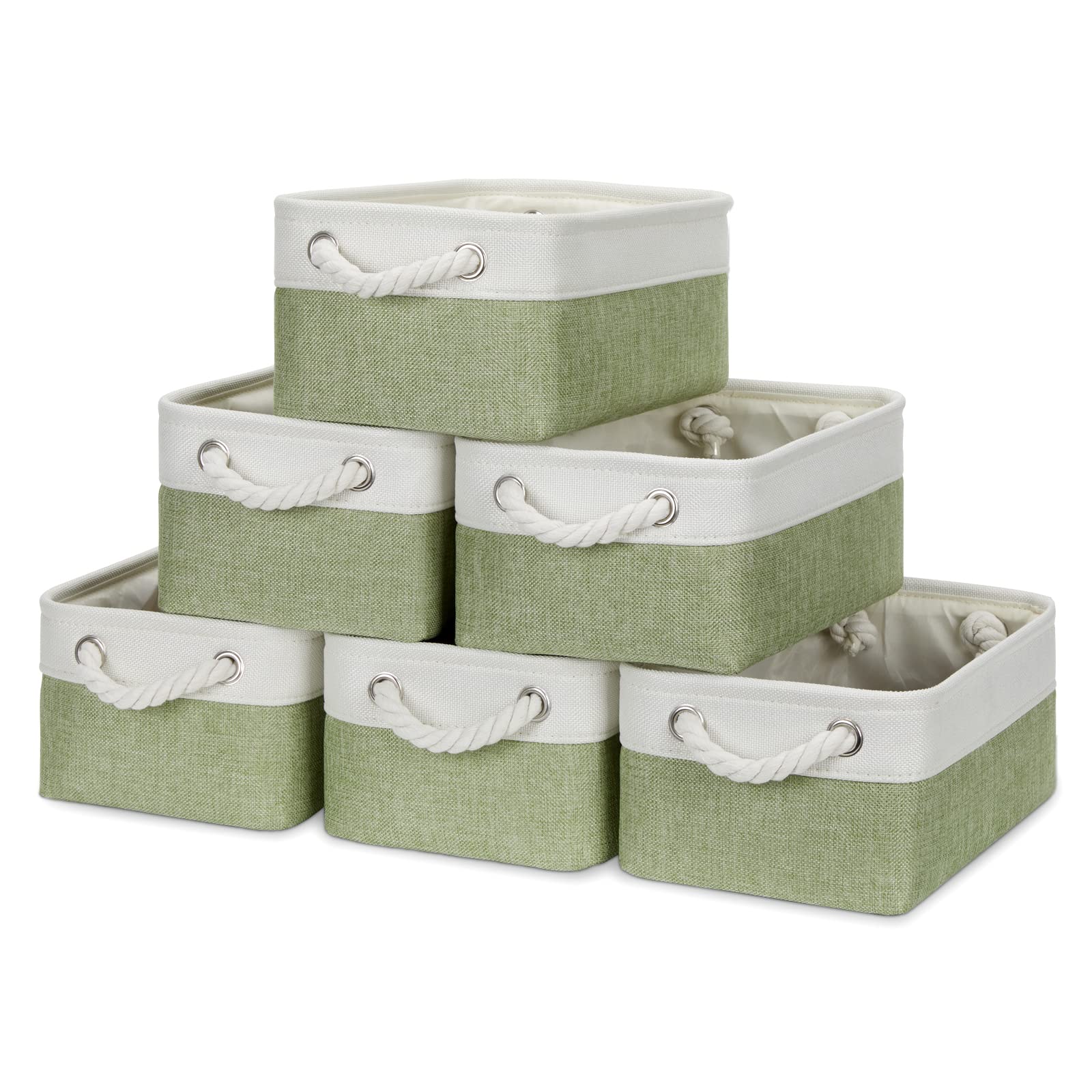 Bidtakay 6-Pack Small Storage Baskets - White & Green Decorative Organizing Bins for Linen Closet, Shelves, Nursery, or Pet Toys | Perfect for Home Organization, Baby Storage & Gift Packaging