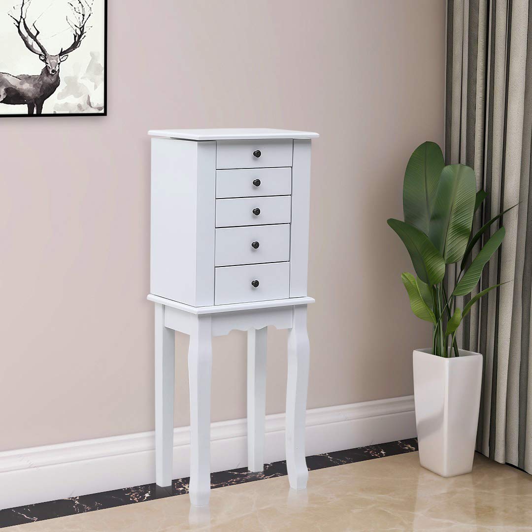 GT4-LY Durable Standing Jewelry Armoire with Mirror - 5 Drawers & 8 Necklace Hooks, Jewelry Storage Cabinet with Top Organizer & 2 Side Swing Doors (White) | Perfect for Bedroom, Closet & Dressing Room Organization