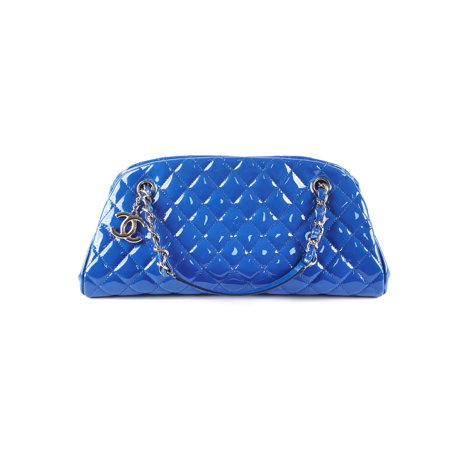 Chanel Just Mademoiselle Patent Leather Blue Bowler Handbag for Women | Luxury Designer Crossbody Purse for Evening Parties & Special Occasions