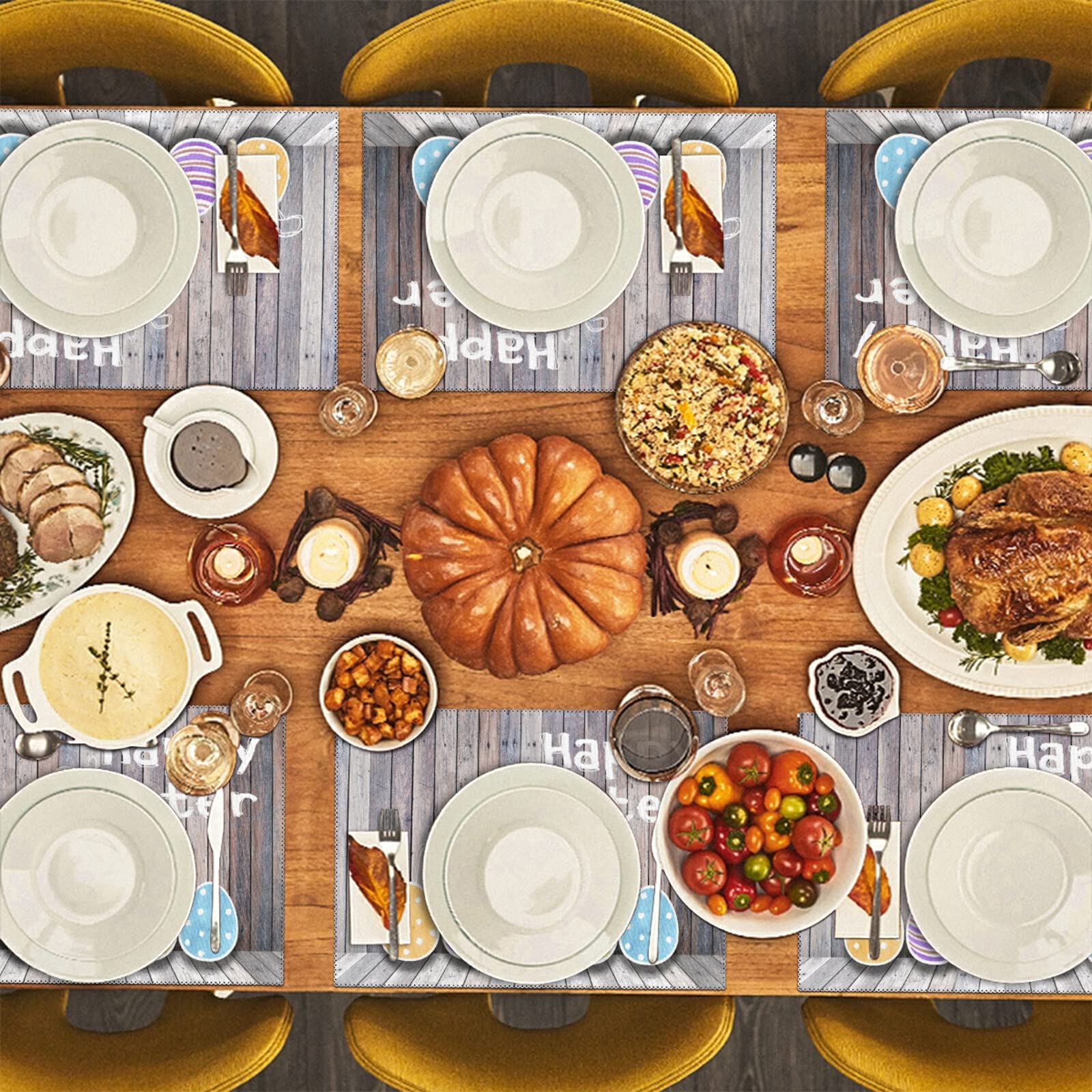 Easter Placemats Set of 4 - Non-Slip Wooden Easter Egg Design, Heat-Resistant & Washable Table Mats for Kitchen Dining - 12