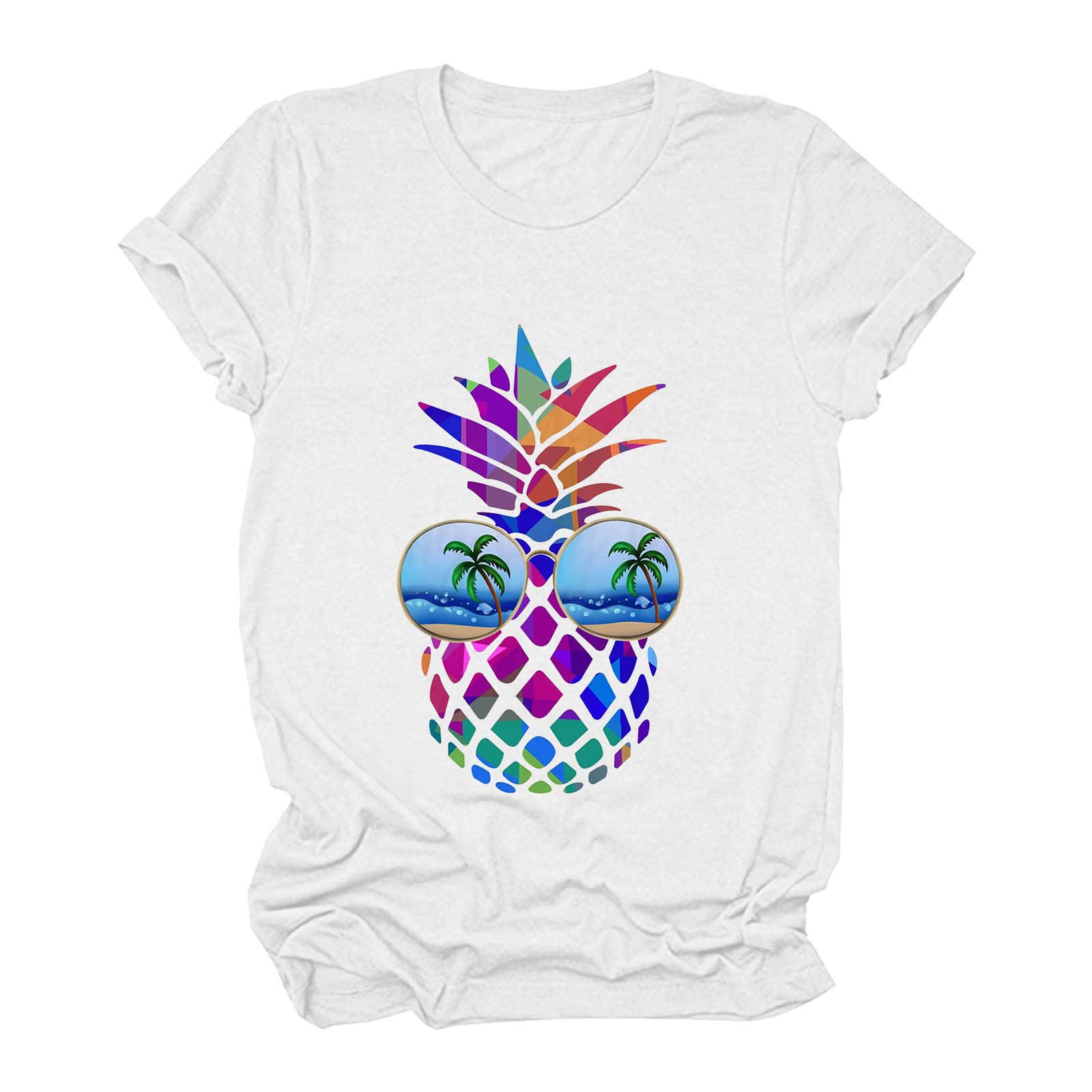 Women's Casual Pineapple Print Round Neck Short Sleeve T-Shirt - Gold Tunic Top for Summer Outfits & Beach Vacations