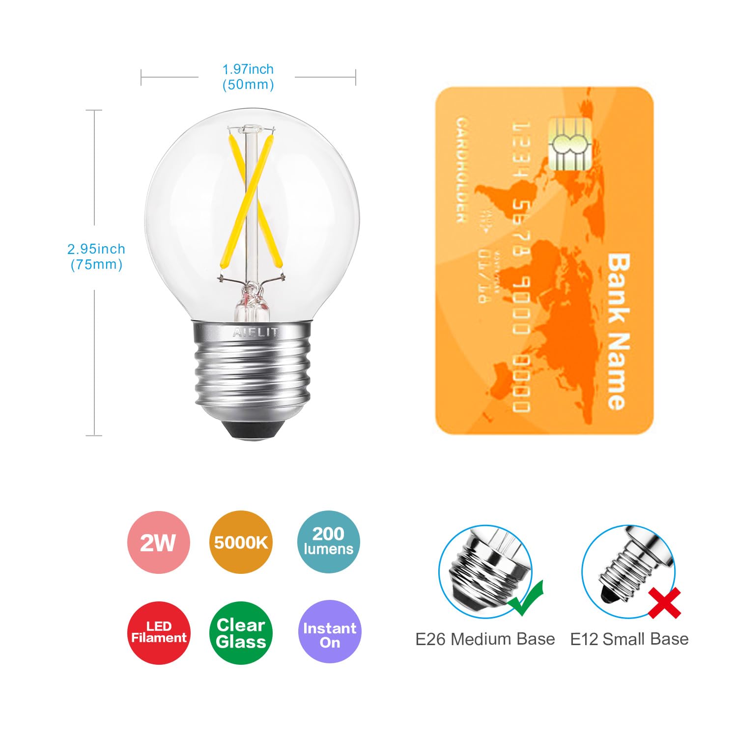 2 Watt (25-30W Equivalent) LED Vanity Light Bulb - A15 Globe Bulb, 5000K Bright White, E26 Medium Base, Dimmable (8 Pack) - Perfect for Bathroom Mirrors, Porch Lighting, Ceiling Fans, Night Lights & Strip Lights