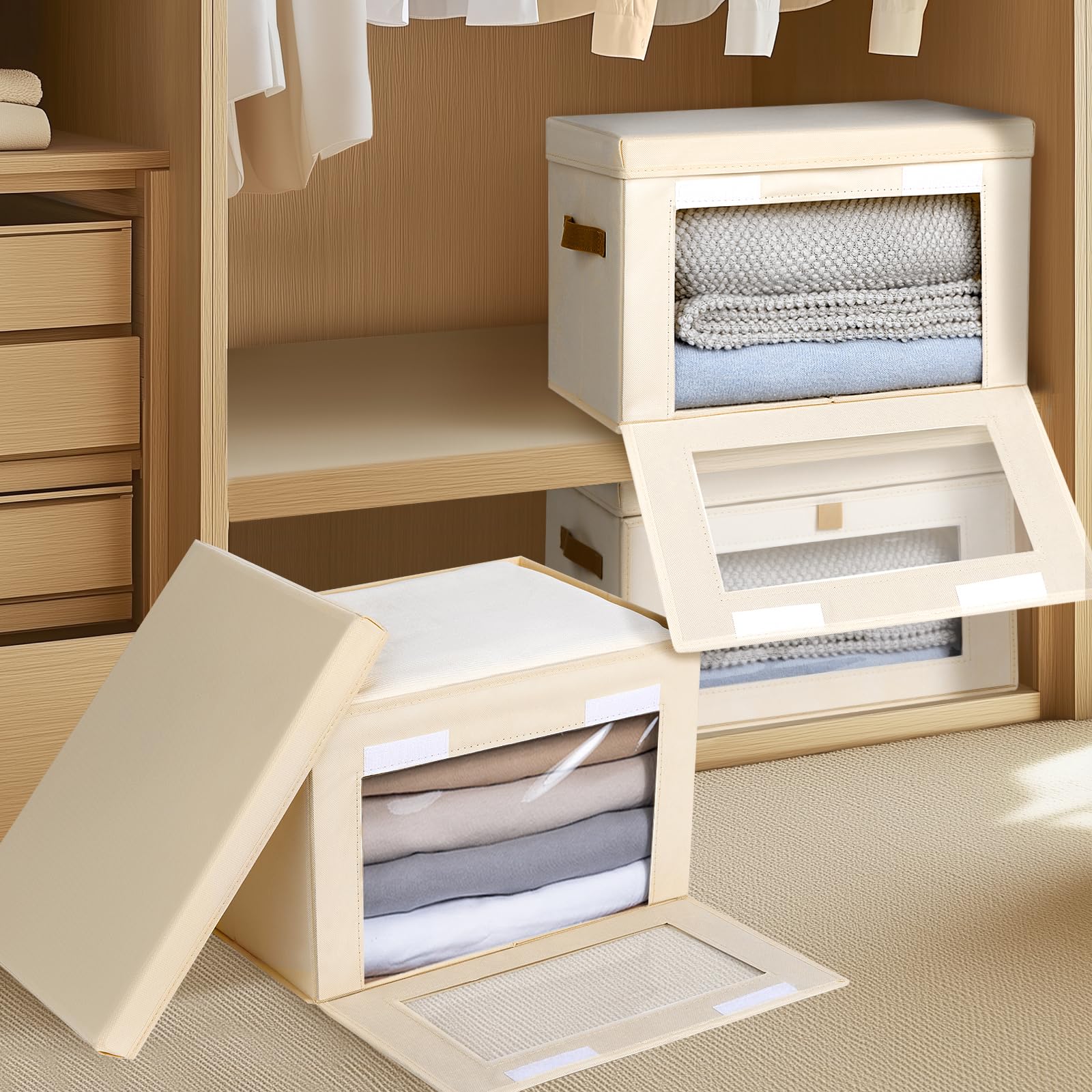 Large Collapsible Storage Bins with Handles & Window - 2 Pack Beige Fabric Organizers for Closet, Dorm & Living Room