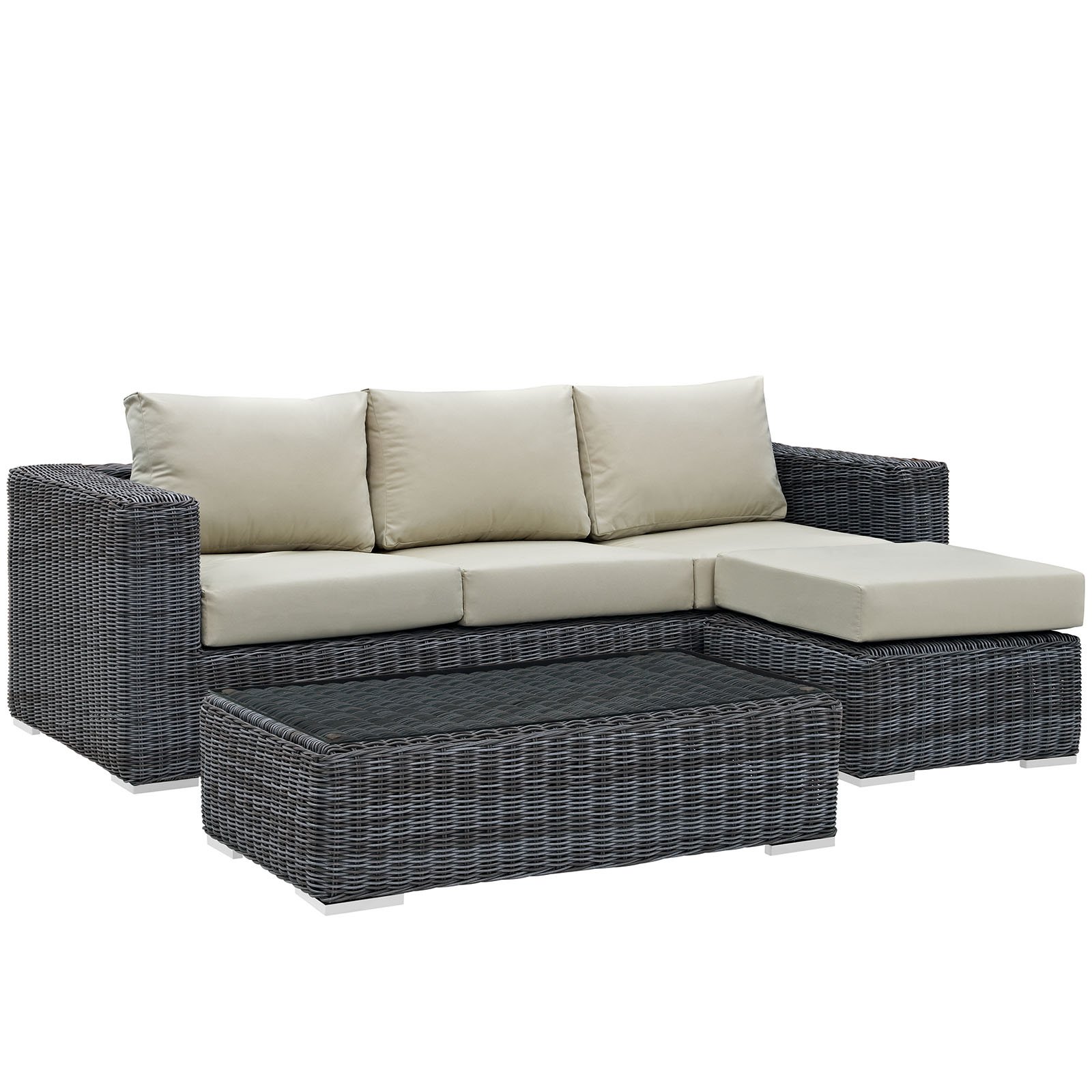 Modway Summon 3-Piece Outdoor Patio Sectional Set with Sunbrella Cushions in Canvas Antique Beige - Waterproof & UV-Resistant Wicker Furniture for Backyard, Garden, Poolside & Deck Relaxation