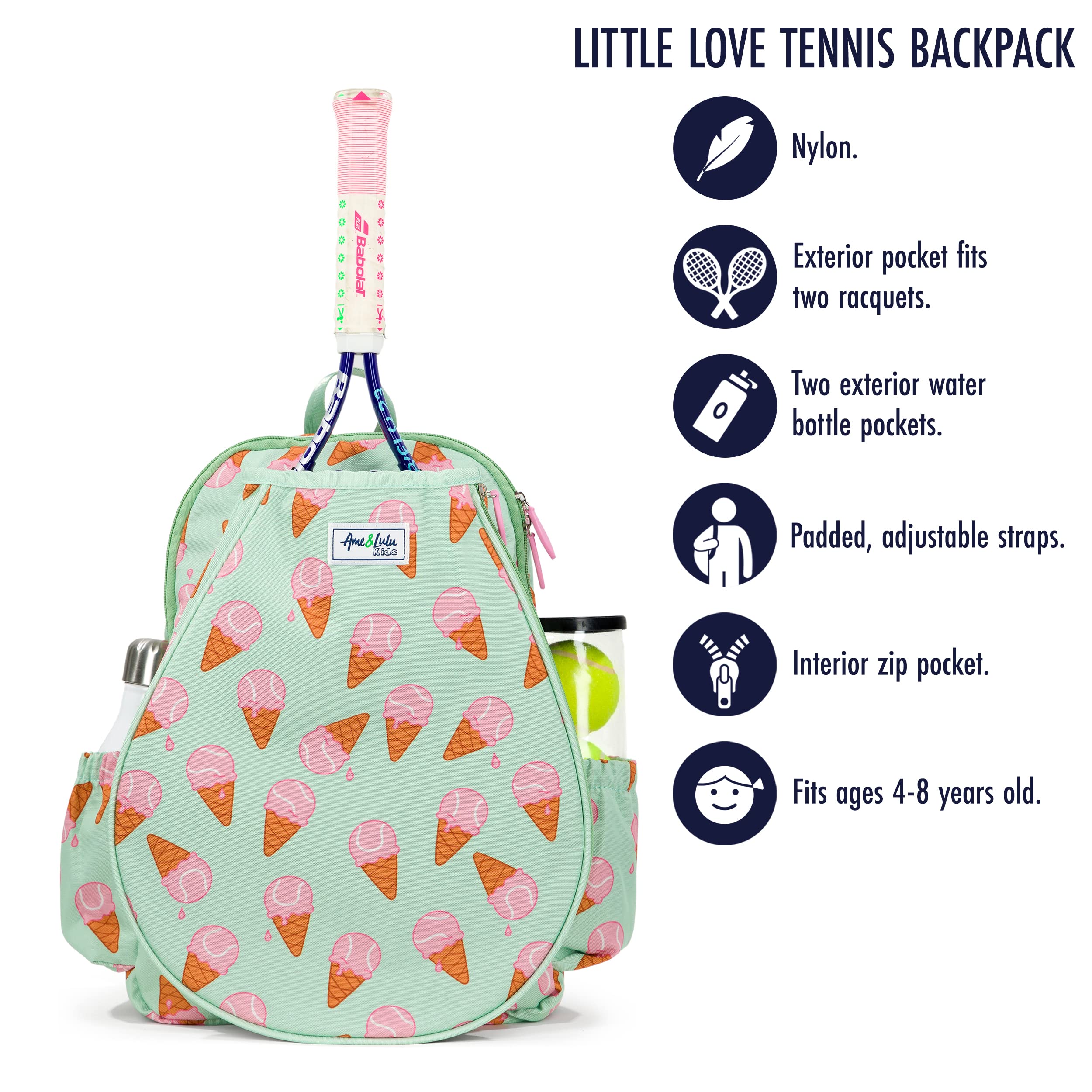 Ame & Lulu Little Love Tennis Backpack for Kids - Cute Pink Sports Bag for Girls, School Backpack with Insulated Lunch Box Pocket - Perfect for Tennis Practice, School, and Travel