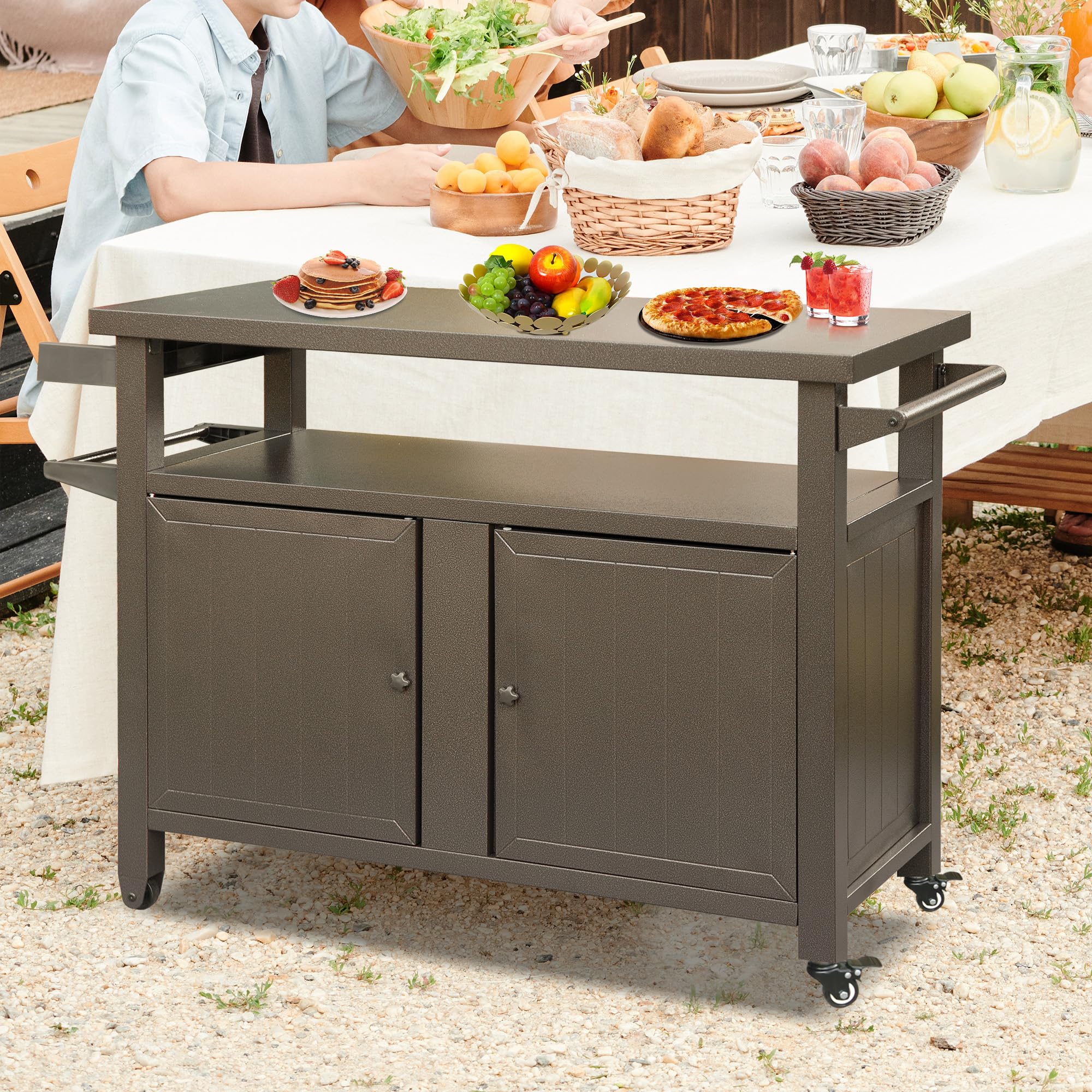 **Domi Grill Carts – Outdoor Rolling Storage Cabinet with Wheels, Heavy-Duty Metal BBQ Prep Table for Patio, Kitchen Island, Home Party & Bar – Perfect for Grilling, Dining & Outdoor Entertaining (Brown)**