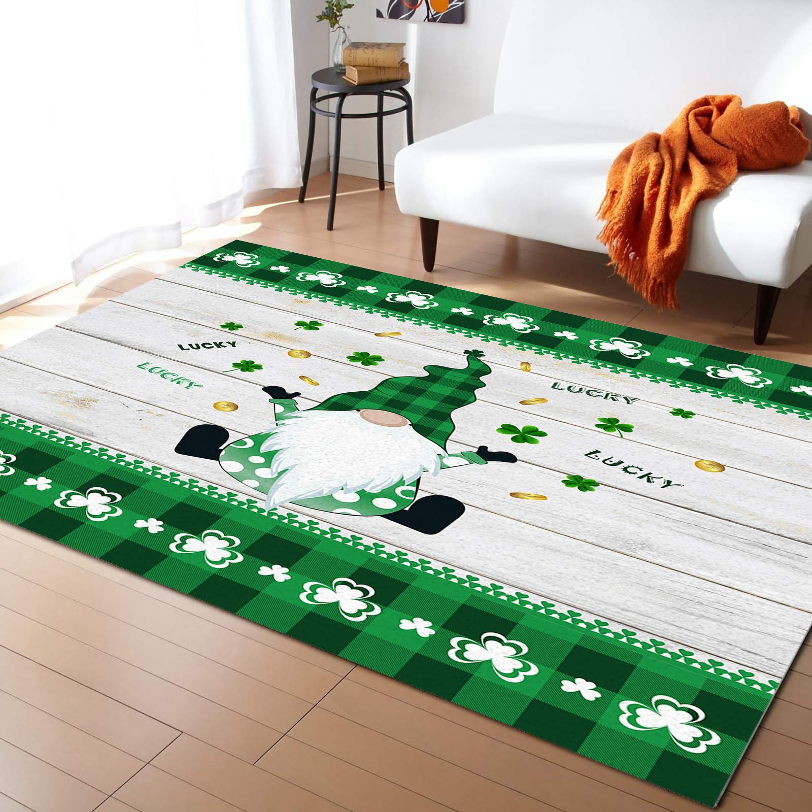 5'x8' Non-Skid Washable Gold Area Rug with Cute Saint Gnome Design - Wooden Stripes Kitchen Rug, Absorbent Hallway Runner for Living Room, Bathroom, Bedroom - Perfect for St. Patrick's Day Decor & Baby Play Area