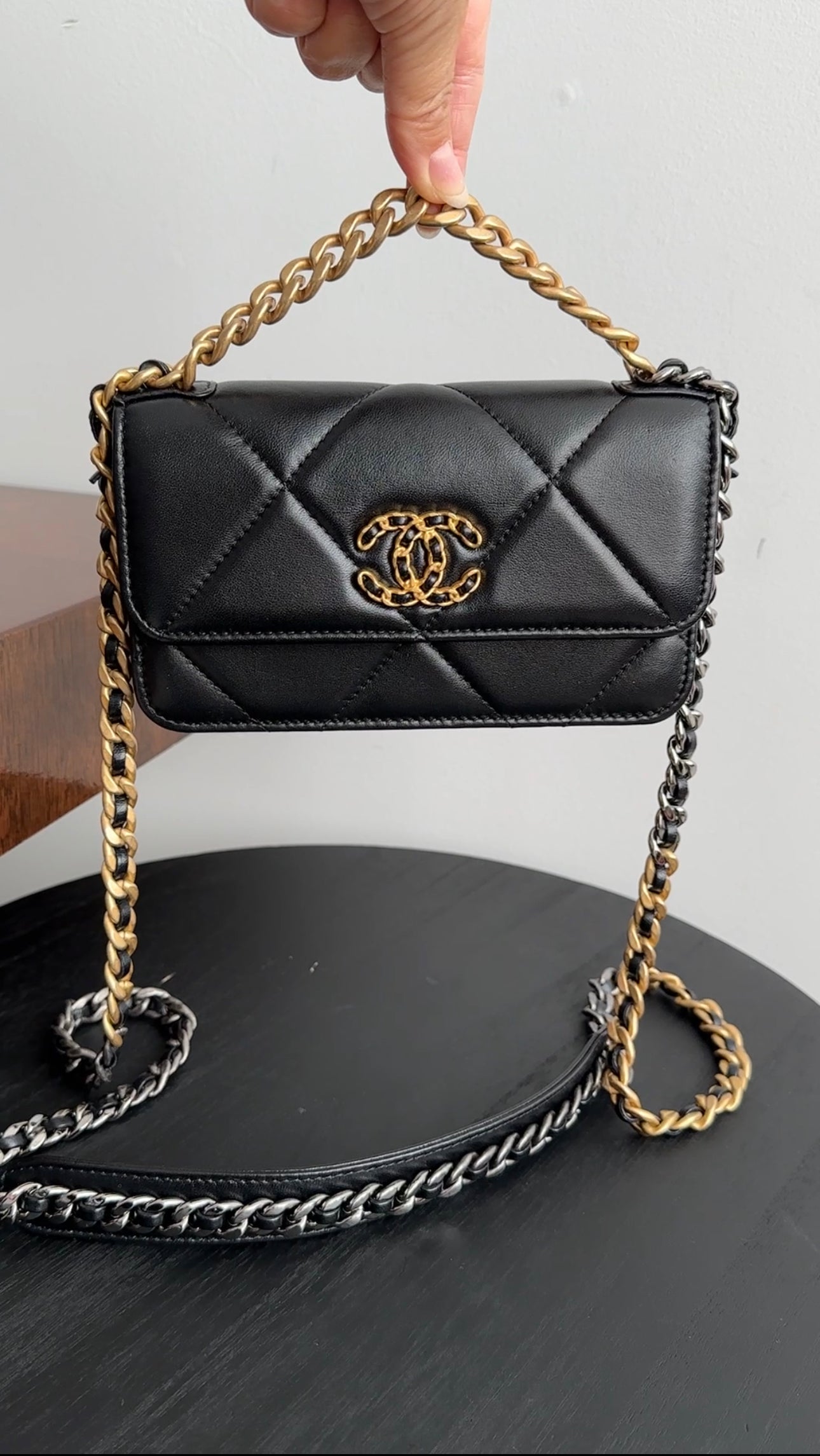 Chanel 19 Black Leather Lambskin Quilted Flap Phone Holder - Luxury Designer Phone Case for iPhone & Samsung - Perfect for Parties, Travel & Everyday Use