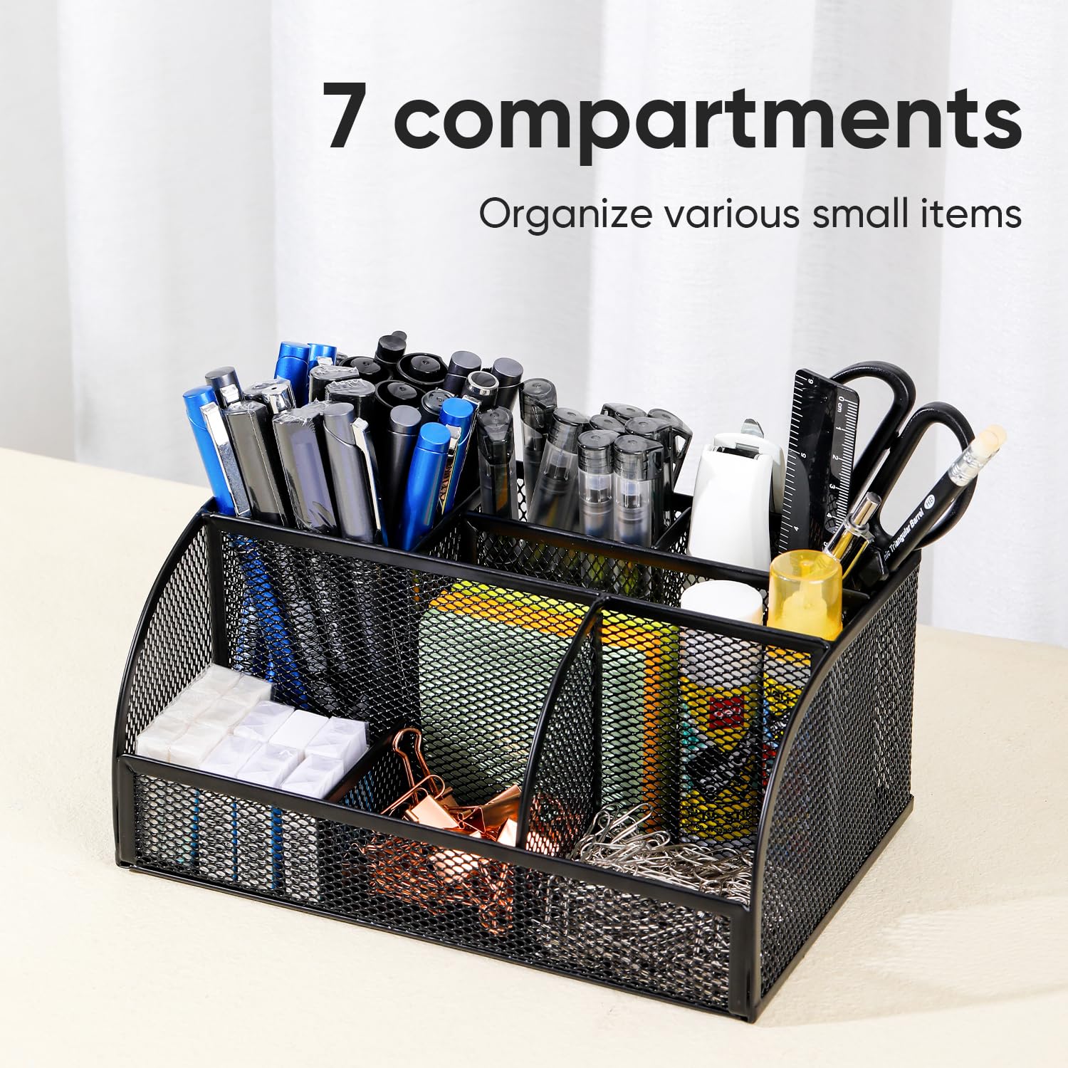 Deli 7-Compartment Black Mesh Desk Organizer with Pen Holder - Metal Office Desktop Organizer & Stationery Caddy for Home, Office, and School Workspace Organization