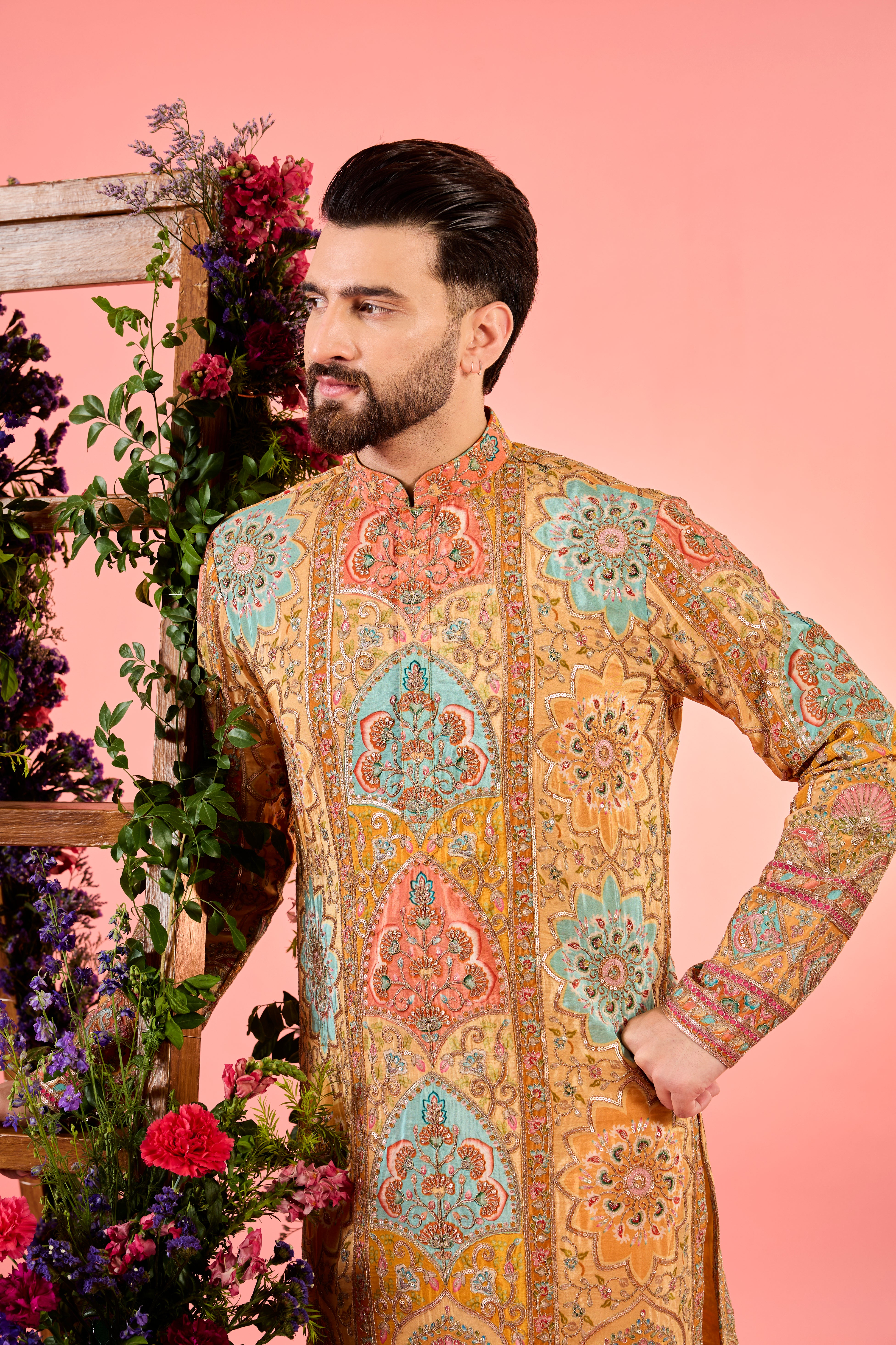 Exquisite Mustard Chikankari Kurta with Intricate Multi-Colored Floral Embroidery - Perfect for Festivals, Weddings & Ethnic Occasions