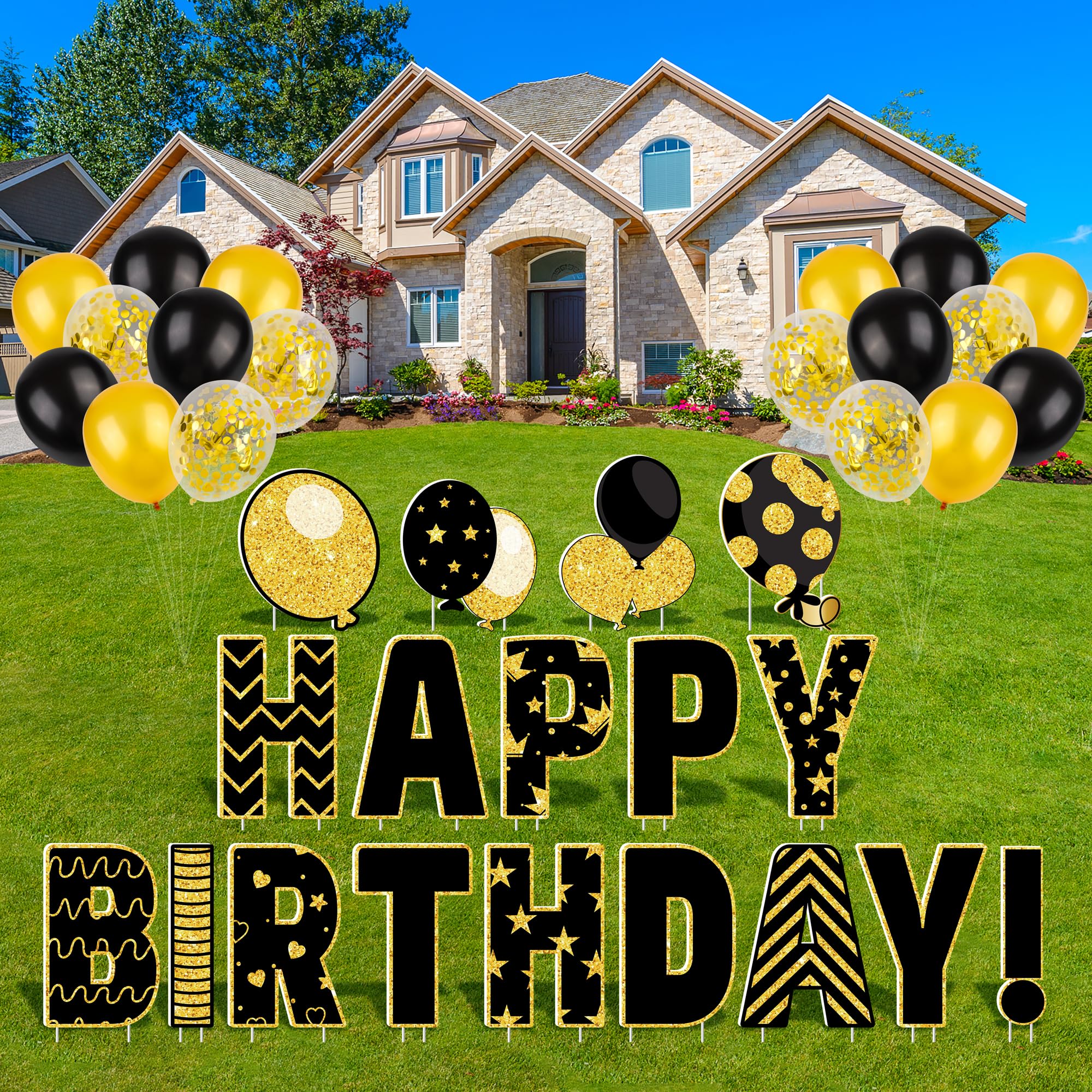 18-Piece Black & Gold Happy Birthday Yard Signs with Stakes - 16-Inch Giant Balloons, Waterproof Outdoor Lawn Decorations for Garden Parties & Birthday Celebrations | Durable Party Supplies for Backyard, Park & Home Decor