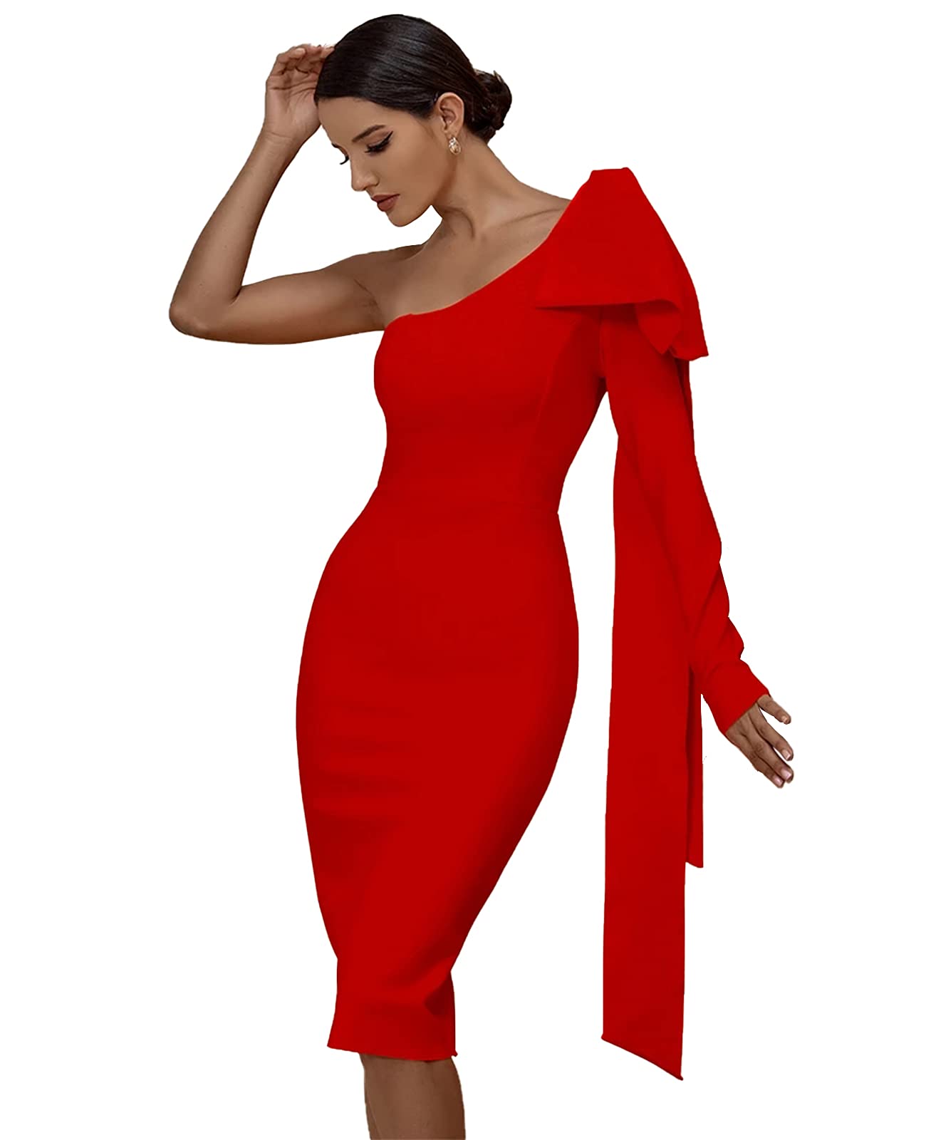 Maketina Women's One Shoulder Ruffle Long Sleeve Bandage Dress - Elegant Club & Cocktail Party Dress for Night Out, Date Night, and Special Occasions