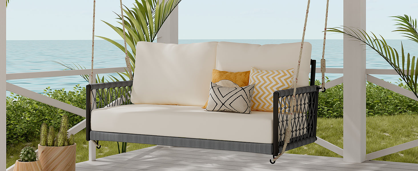 1 Piece Woven Rope Outdoor Swing Sofa with Soft Cushions - Seats 2 People - Perfect for Patio, Courtyard, Balcony & Garden Relaxation (Beige) - Ideal for Lounging, Reading & Outdoor Entertaining