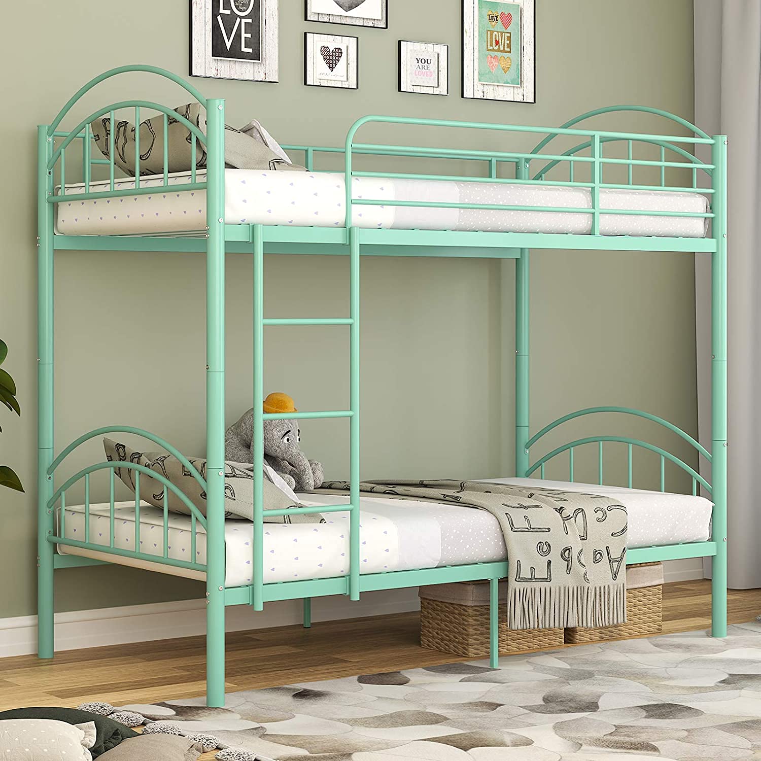 Mecor Twin Over Twin Metal Bunk Bed - Convertible to 2 Separate Twin Bed Frames with Removable Ladder & Safety Guard Rail (Mint Green) - Perfect for Kids Rooms, Guest Rooms & Small Spaces