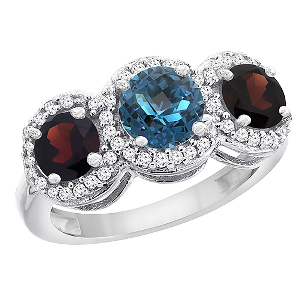 14K White Gold Natural London Blue Topaz & Garnet Round 3-Stone Ring with Diamond Accents - Size 5 to 10 | Elegant Engagement, Anniversary, or Gift Jewelry for Women