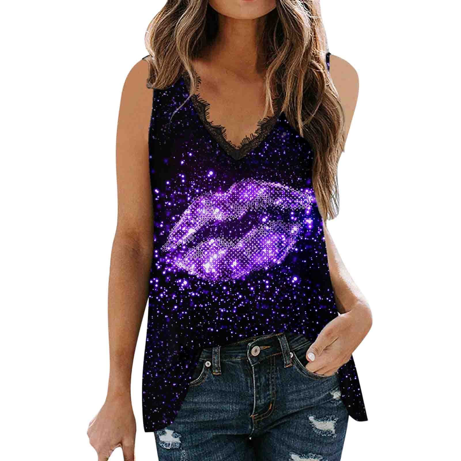 Women's Black Sleeveless V-Neck Lace Tank Top with Lips Print - Summer Casual Vest Tops for Beach, Party & Everyday Wear