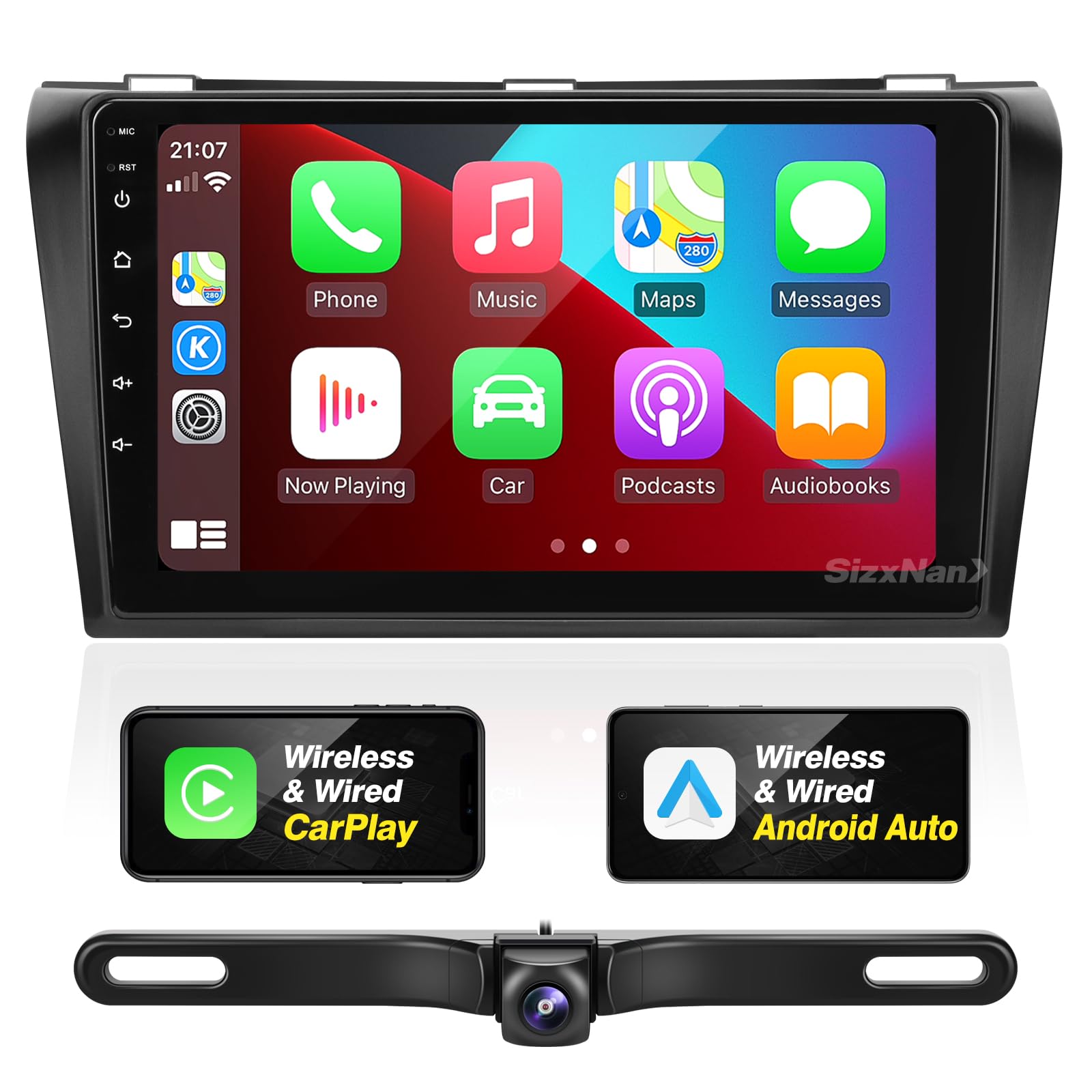 Mazda 3 Android Touch Screen Car Stereo with Apple CarPlay & Android Auto - Bluetooth GPS Navigation WiFi FM/AM Radio & Backup Camera Head Unit for Mazda 3 2004-2009 Models | Perfect for Hands-Free Calling, Music Streaming & Safe Parking