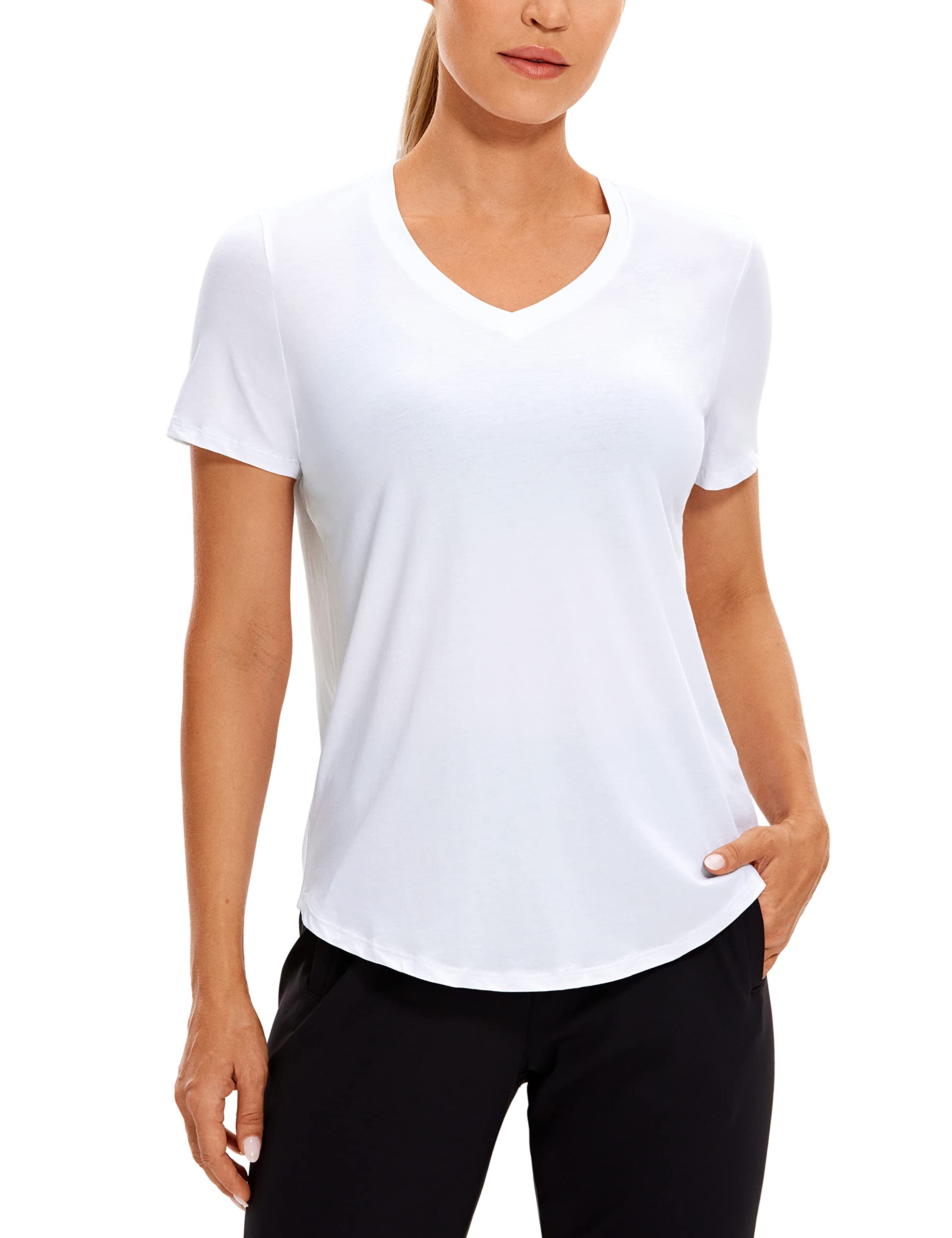 CRZ YOGA Women's Pima Cotton V-Neck T-Shirt - Soft Breathable Short Sleeve Workout Top for Yoga, Gym & Casual Wear | Comfortable Everyday Tee for Fitness, Running and Lounge
