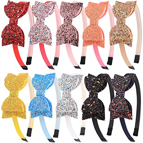XIMA 10pcs Glitter Sequin Bow Hairbands for Kids - Shiny Plastic Headbands with Teeth for Girls Hair Accessories | Perfect for Birthday Parties, School Events & Photo Shoots