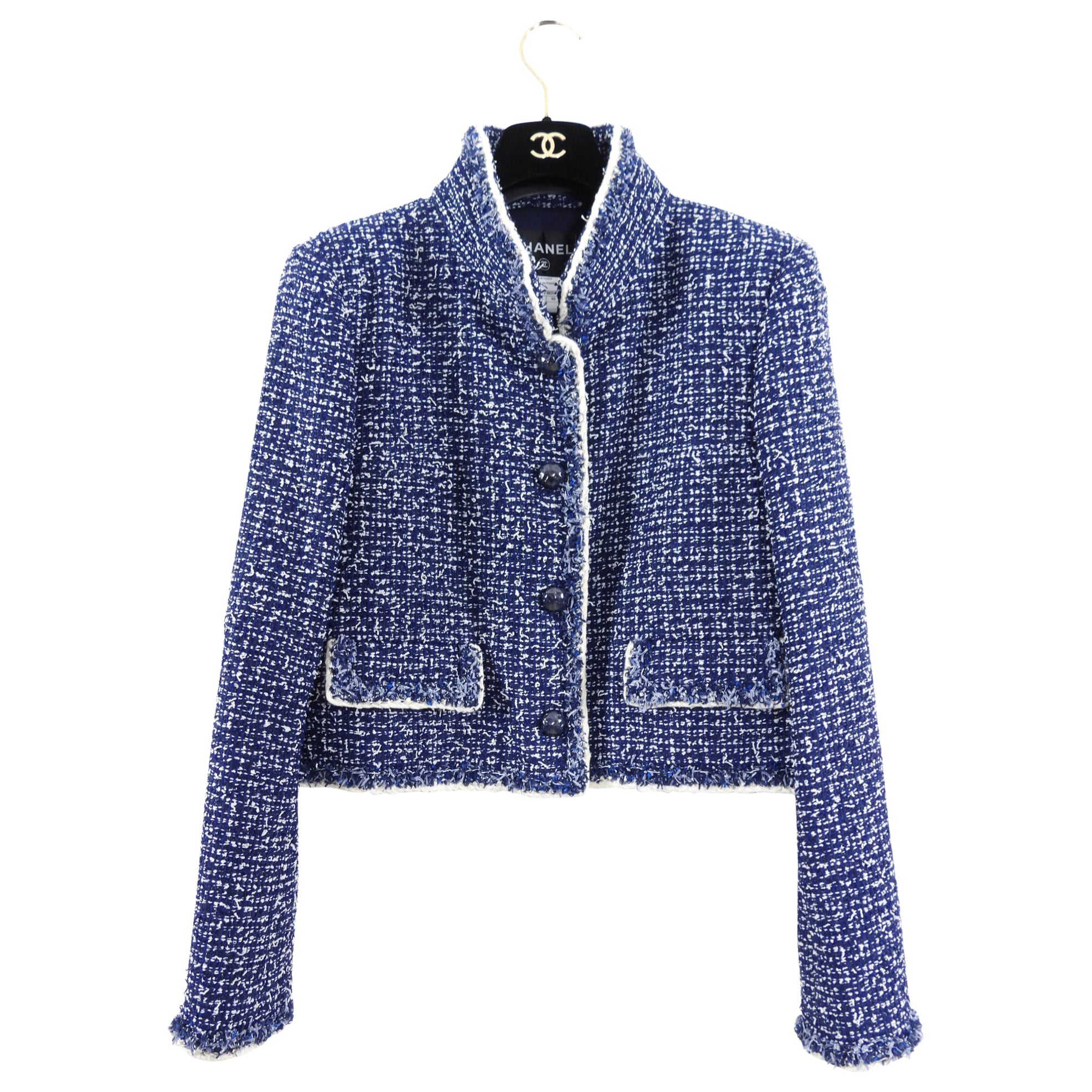 Chanel 2015 Blue and White Tweed Short Jacket for Women - Size L/XL - Vintage Luxury Outerwear for Parties, Weddings & Special Occasions