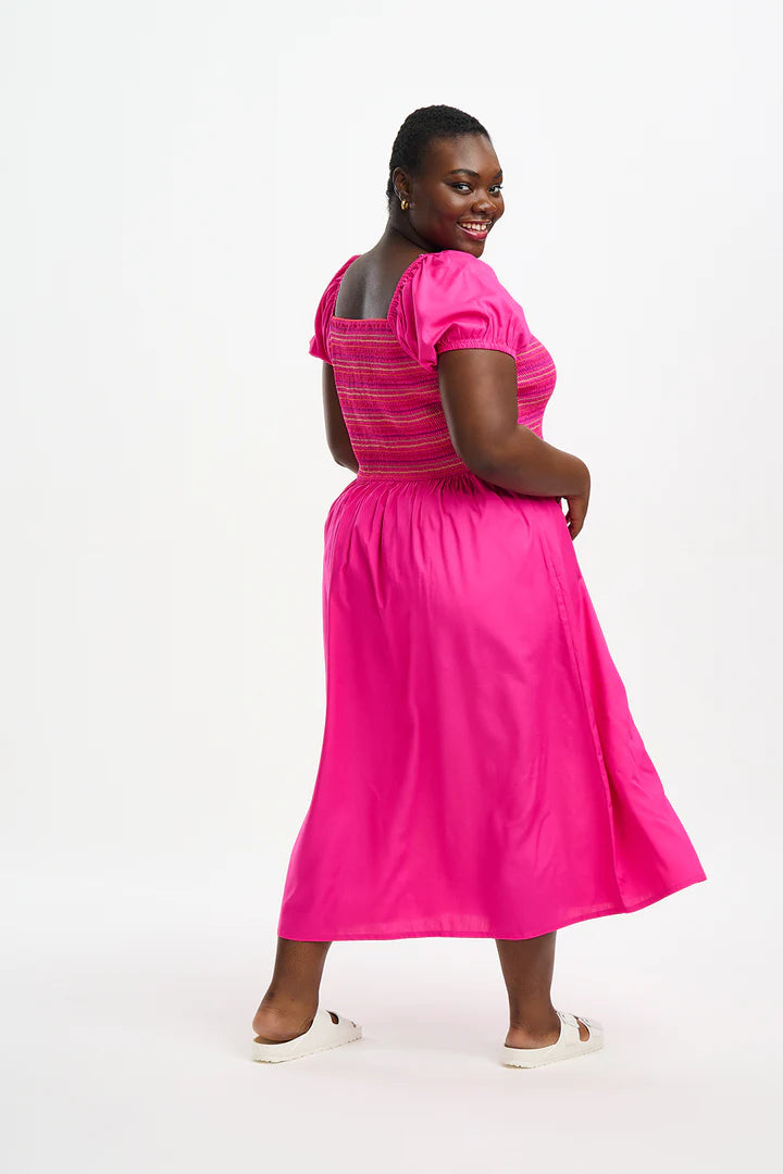 Octavia Midi Shirred Dress - Dark Pink Rainbow Shirring | Flowy Summer Dress for Women | Perfect for Beach Vacations, Date Nights & Brunch Outings