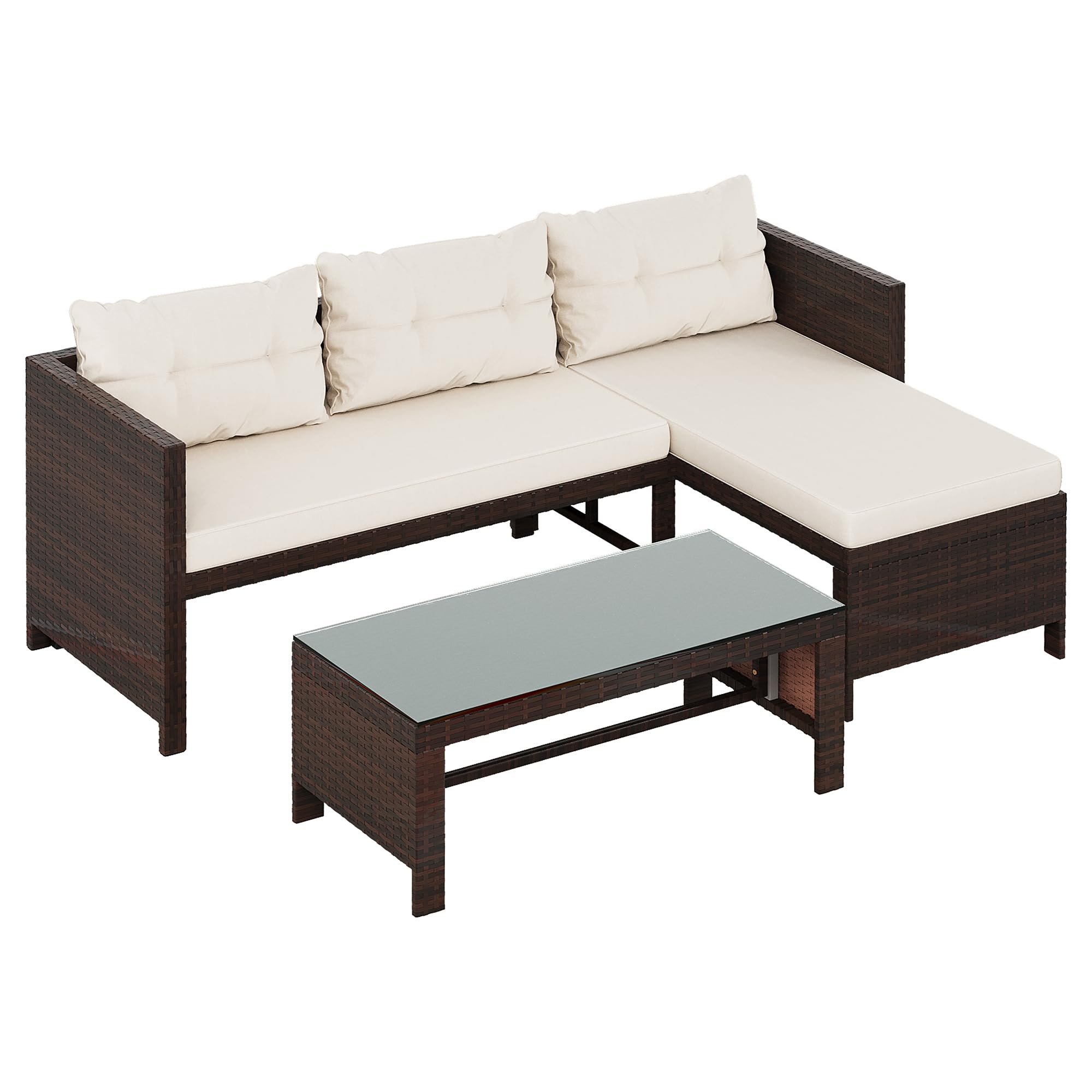 Shintenchi 3-Piece All-Weather Wicker Patio Furniture Set - Outdoor Sectional Sofa with Glass Coffee Table & Cushions (Beige) | Perfect for Backyard, Garden, Poolside & Patio Relaxation