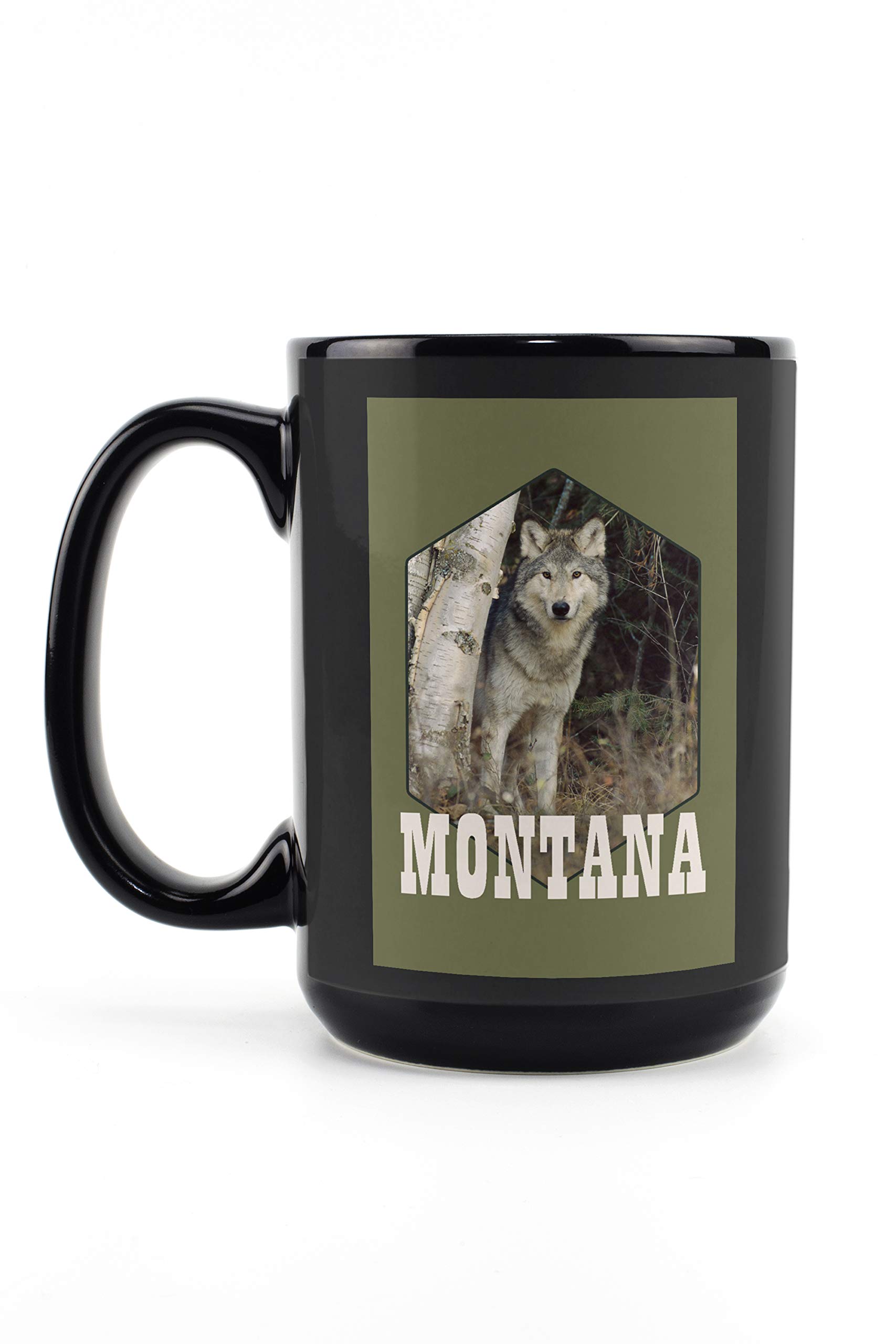 Montana Wolf in Forest Design - 15oz Black Ceramic Coffee & Tea Mug - Dishwasher & Microwave Safe - Perfect for Camping, Office & Home Use