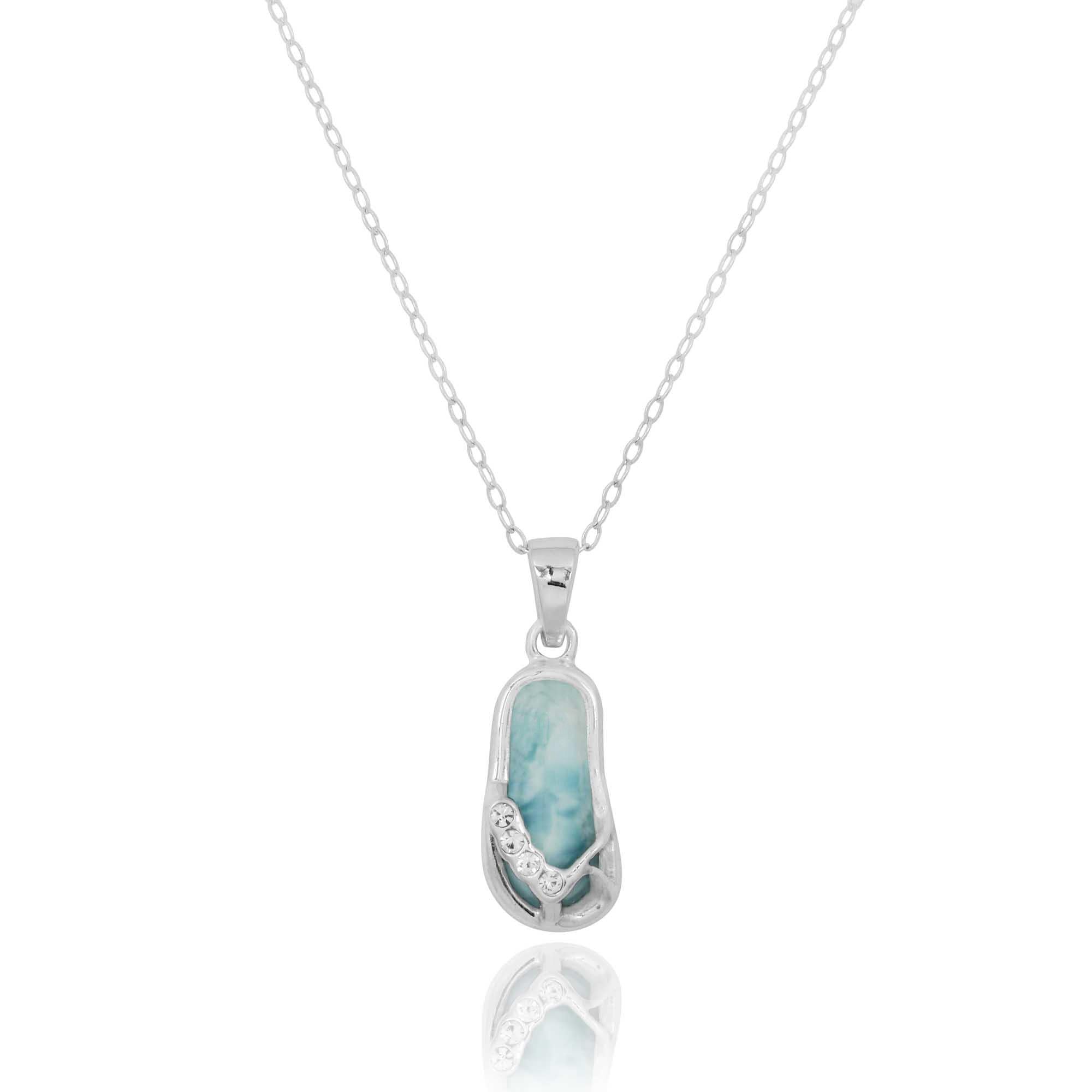 Natural Larimar & Crystal Flip Flop Pendant Necklace - Beach Jewelry for Summer Vacation, Pool Party & Tropical Getaways