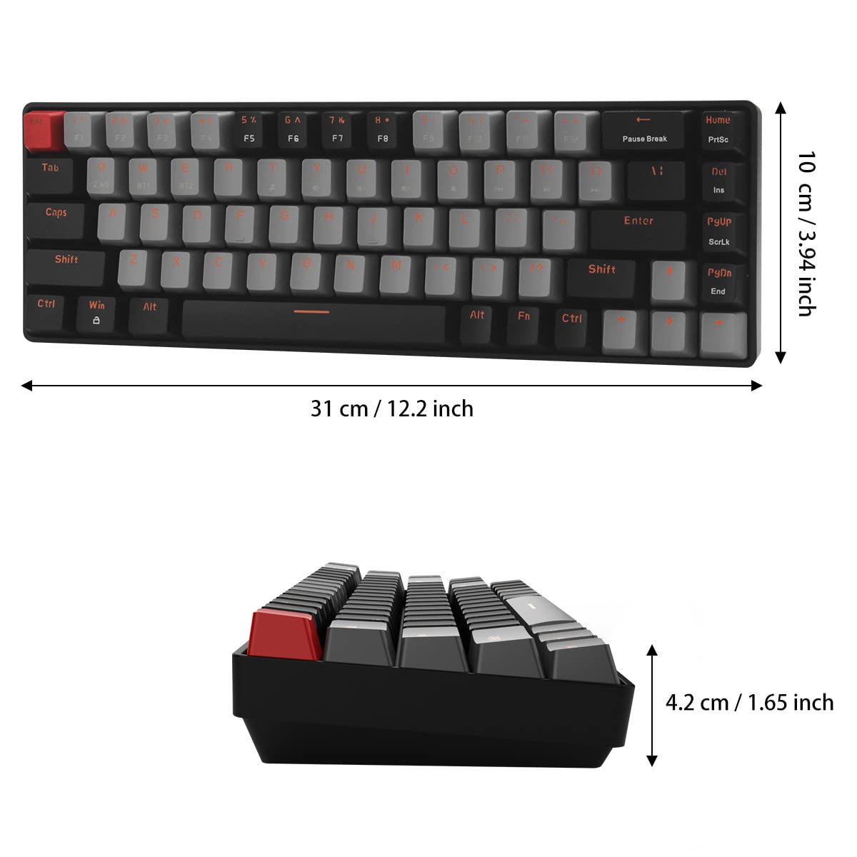 Qisan 60% Mini Wireless Mechanical Gaming Keyboard - 68 Keys, Blue Switches, US Layout, Bluetooth 5.1 (Grey & Black) | Compact Design for PC, Mac, Laptop Gaming & Office Work