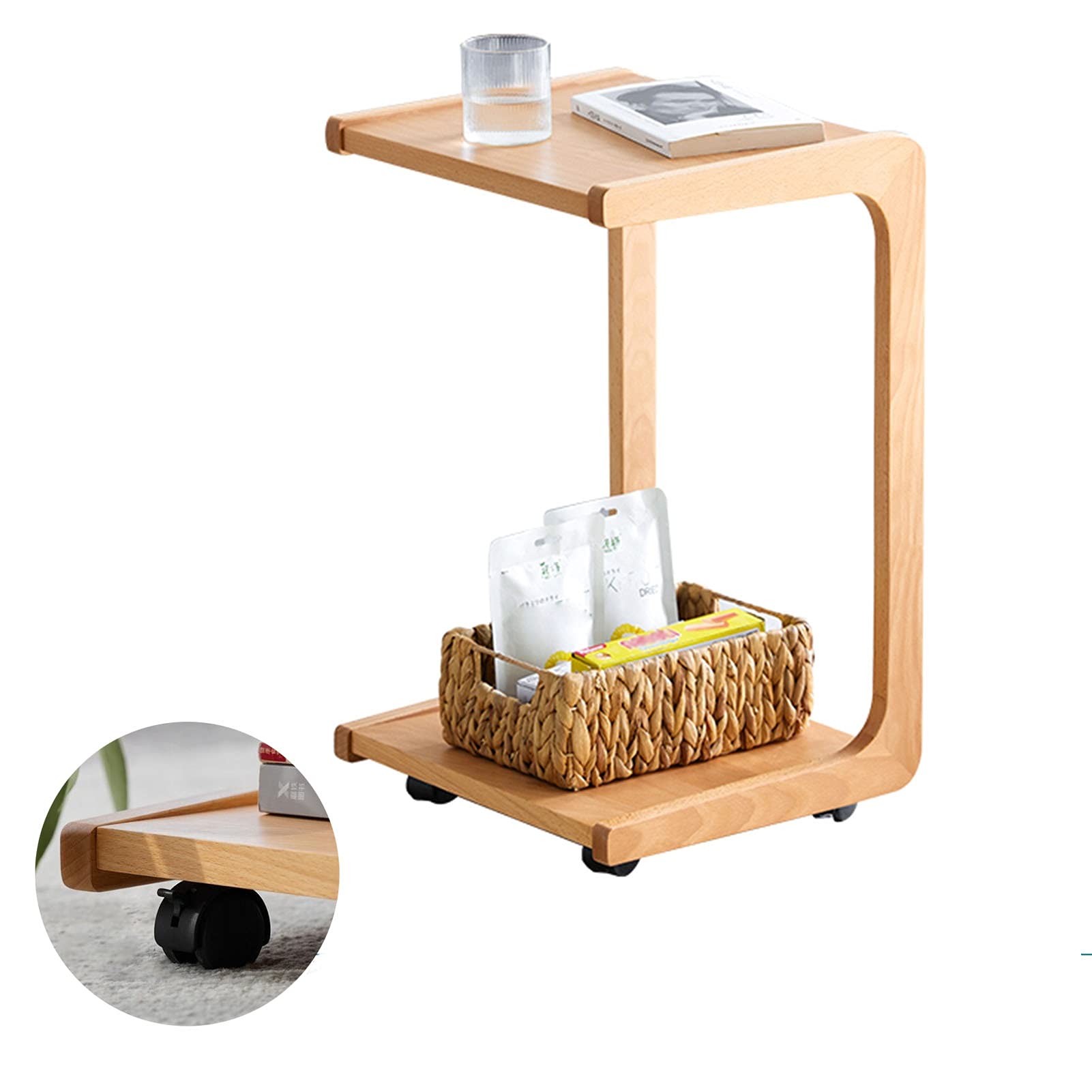 FUFU C-Shaped Side Table with Wheels - 2-Tier Wooden End Table for Sofa, Couch, Bed - Portable Snack Table for Living Room & Bedroom - Perfect for Small Spaces, TV Dinners, and Reading Nooks