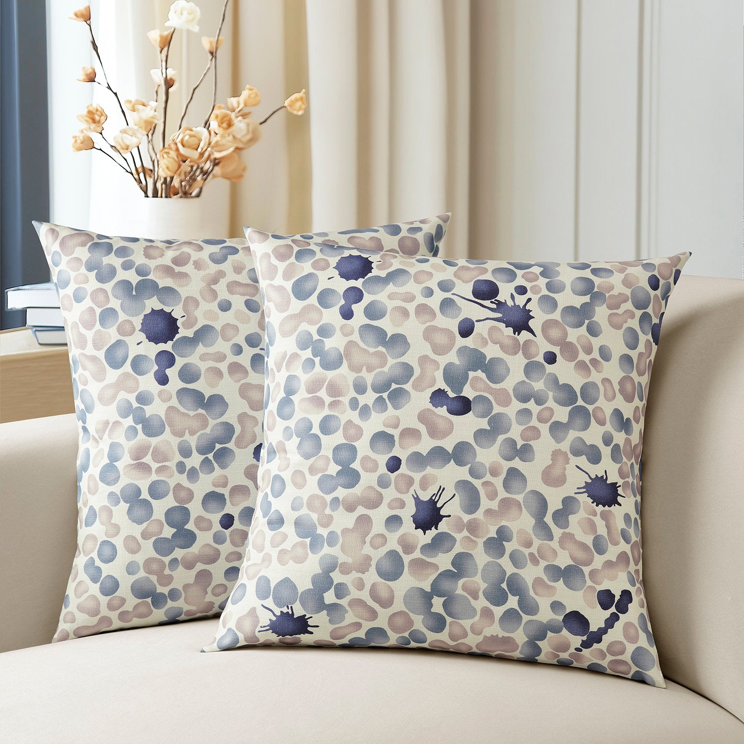 Pebbles Blue Abstract Textured Printed Cotton Cushion Covers (Set of 2) - Soft Decorative Throw Pillow Cases for Sofa, Bed & Home Decor