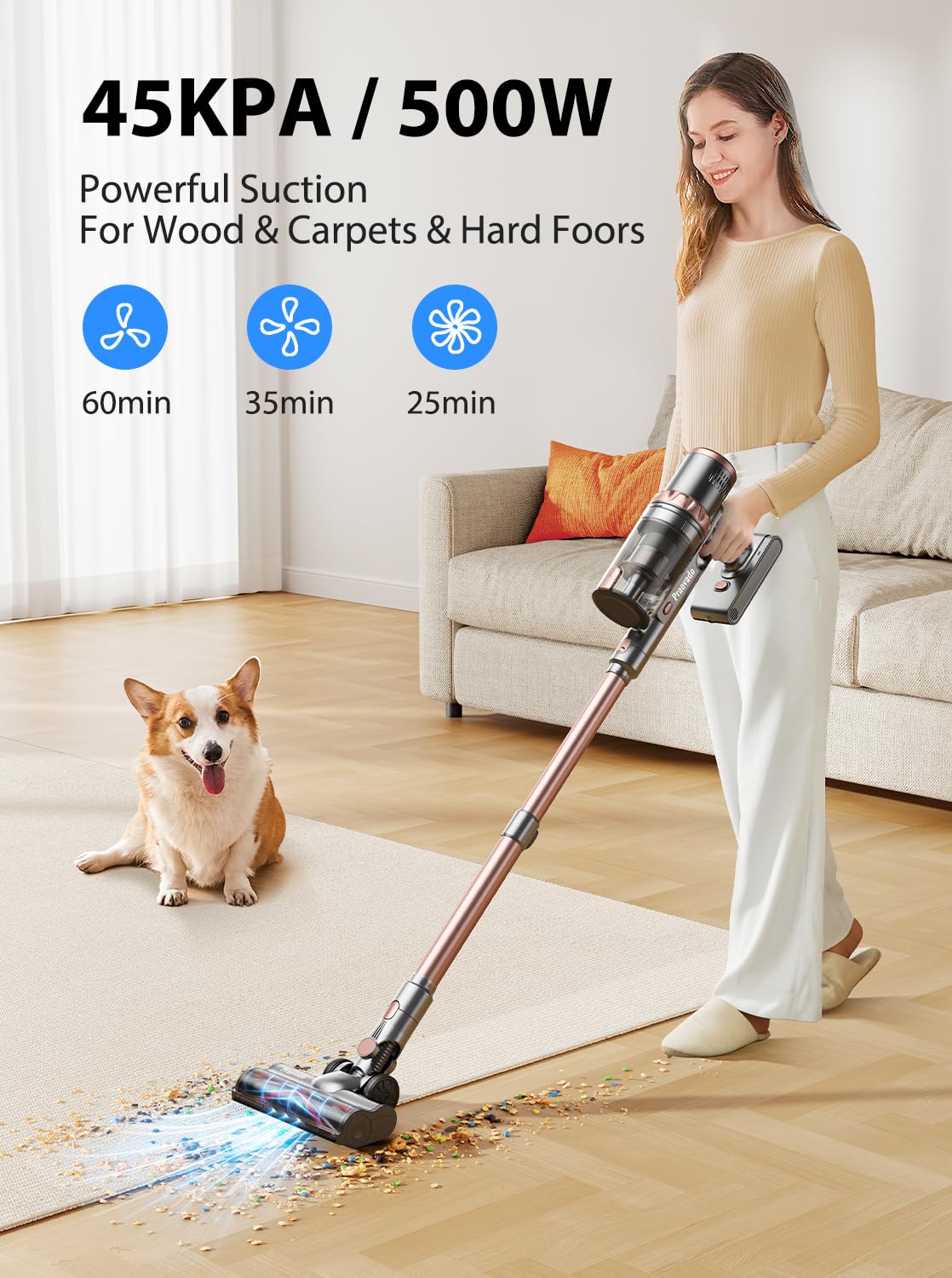 45KPa Cordless Vacuum Cleaner - LED Touch Display, 60min Runtime for Home & Pet Hair Cleaning